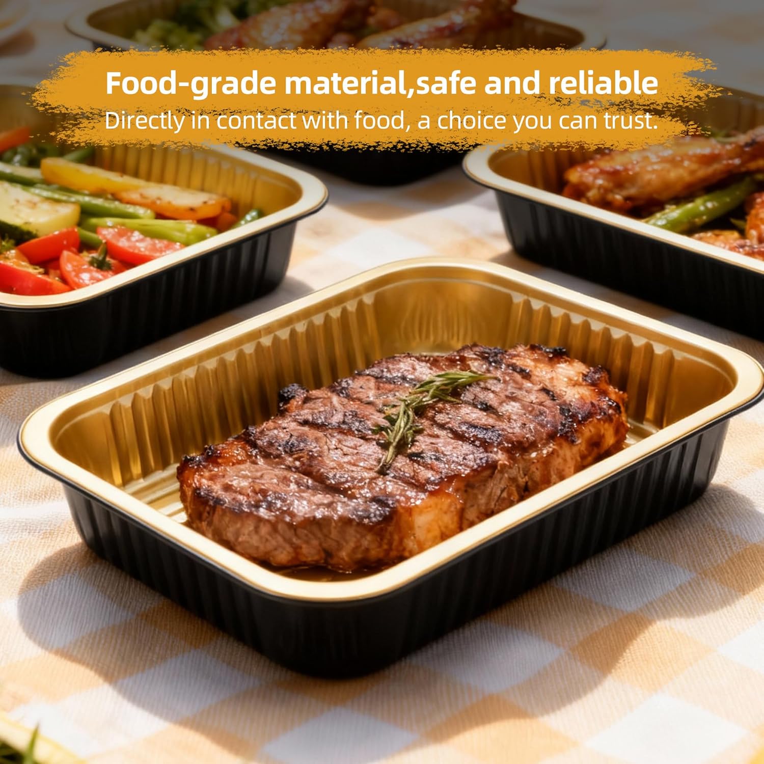 Aluminum Foil Pan with Lids,Heavy Duty Disposable Aluminum Baking Pans,14.57"×10.63" Steam Table Pan for Cooking,Heating, Storing,Prepping Roasting and Chafing (5 Pack Black and Gold w/Lids)