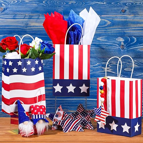 Miniatura 4 de Tisancy 30 bolsas de regalo patrióticas con asa con 30 piezas de papel de seda rojo, blanco y azul, bolsas de regalo del 4 de julio, bandera