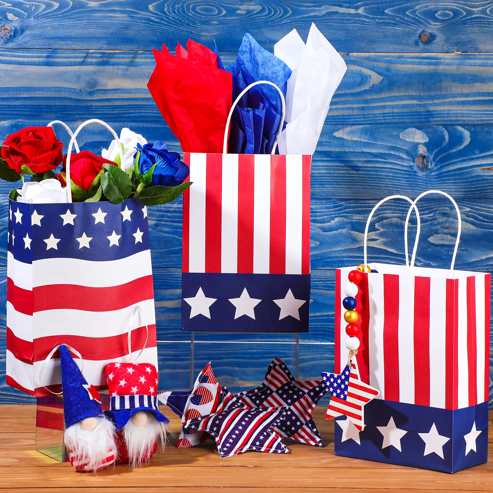 Tisancy 30 Pcs Patriotic Gift Bags with Handle with 30 Pcs Red White Blue Tissue Paper 4th of July American Flag USA Gift Bags for Veterans Memorial Day Independence Day(Classic Style)