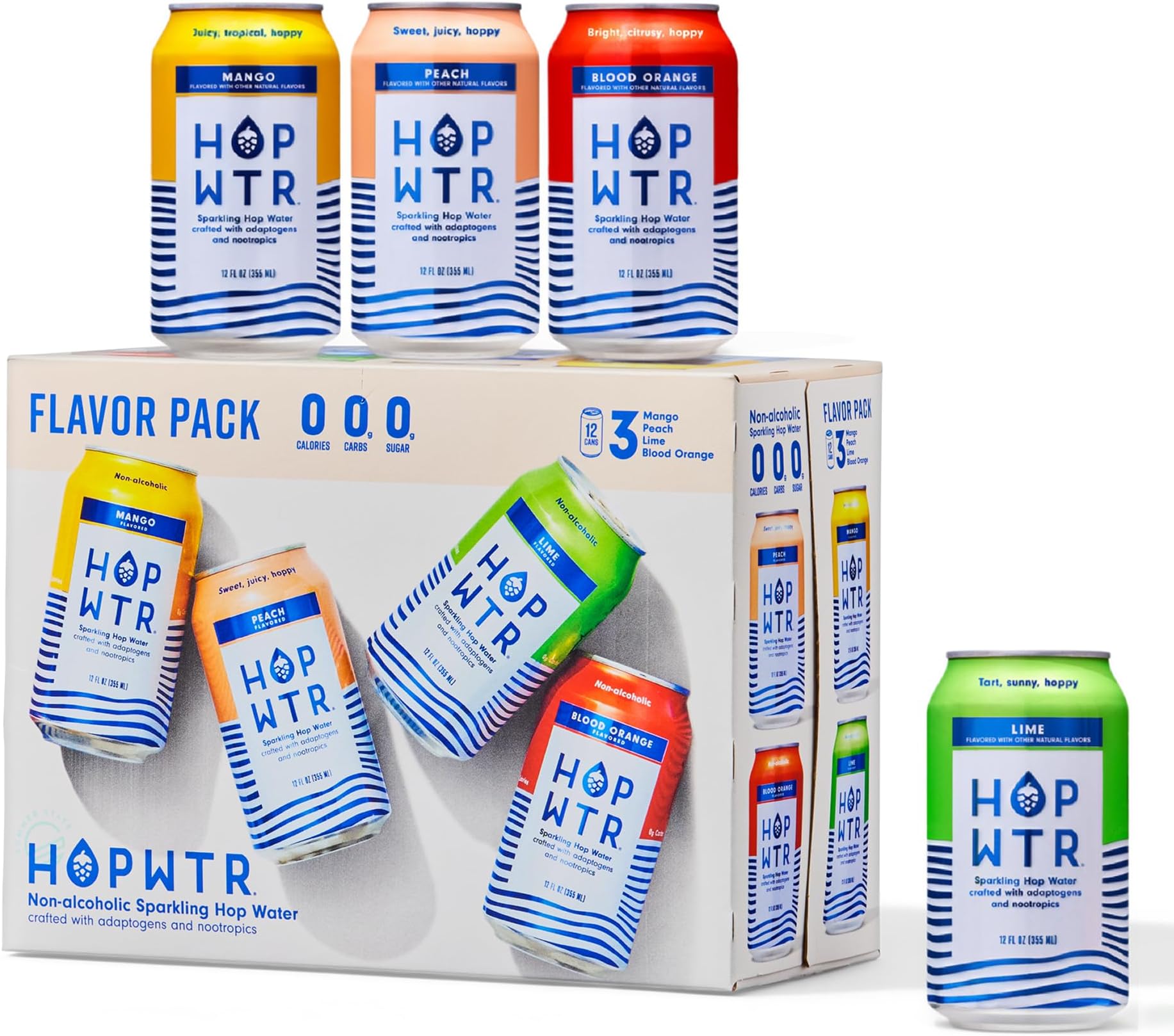 Sparkling Hop Water, Variety Pack 12 Pack, Sugar Free, Low Carb Non Alcoholic Drinks, NA Beer, Adaptogen Drink, No Calories, Adaptogens & Nootropics for Added Benefits, 12 oz Cans