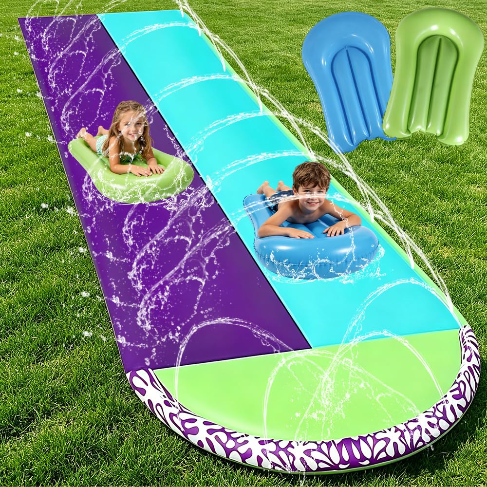 Wasserrutsche Garten 610cm mit Sprinkler, Doppelrutsche für Kinder und Erwachsene, Blau Grün