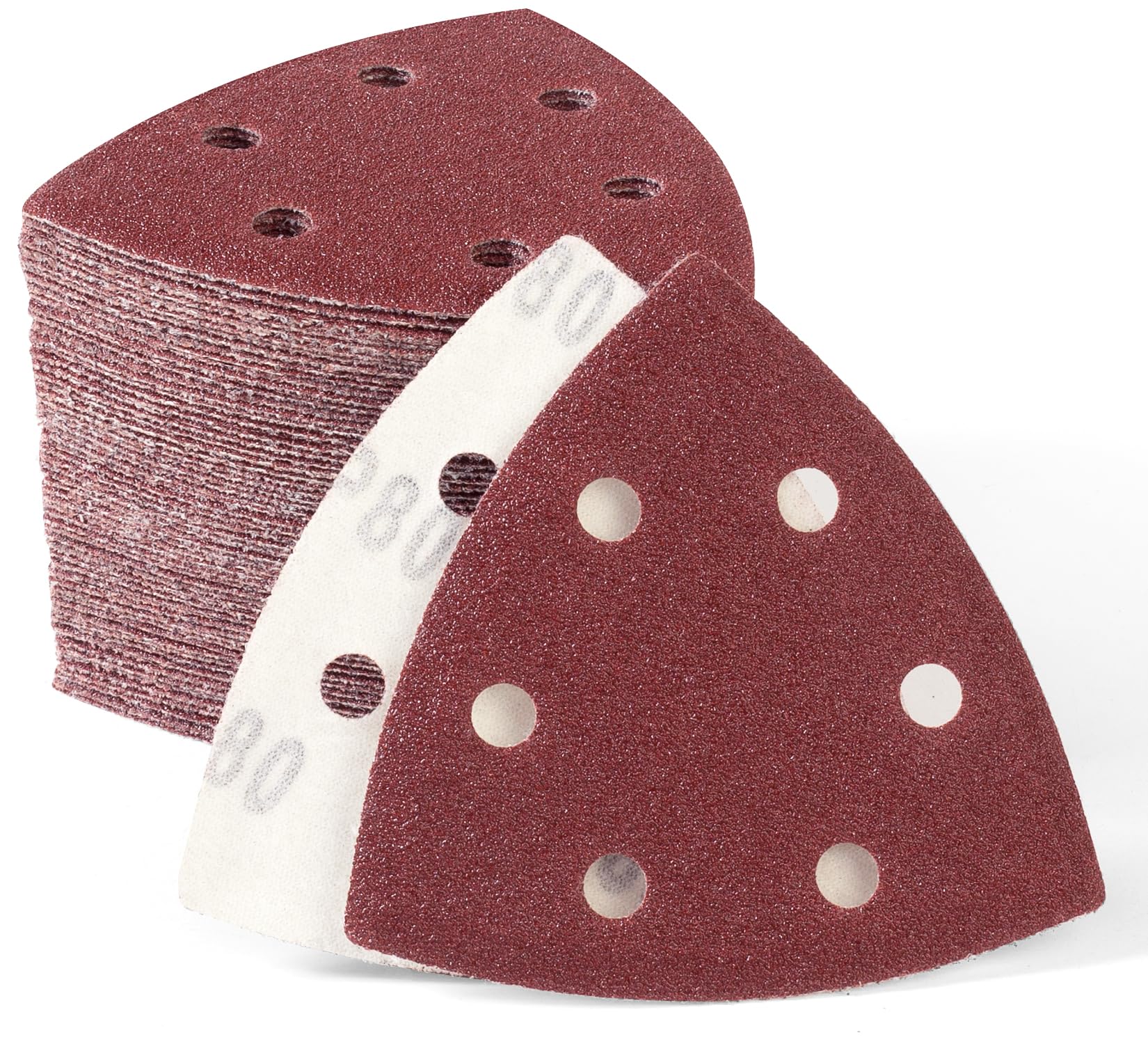 SATC 60 PCS 93mm Delta-Triangle Sanding Sheets 80 Grit Detail Sander Pads Durable Dust-Free 6-Holes Sander Sandpaper Hook and Loop Triangle Sanding 93 x 93 x 93mm — image 1