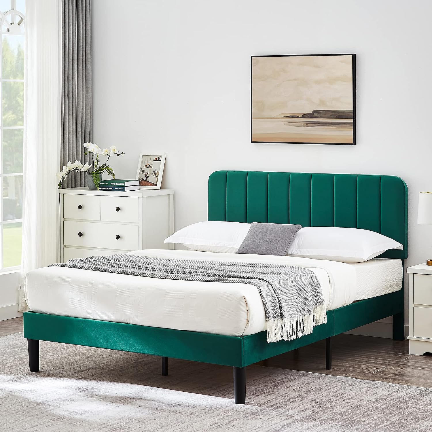 Amazon.com: VECELO Queen Size Upholstered Bed Frame with Adjustable ...
