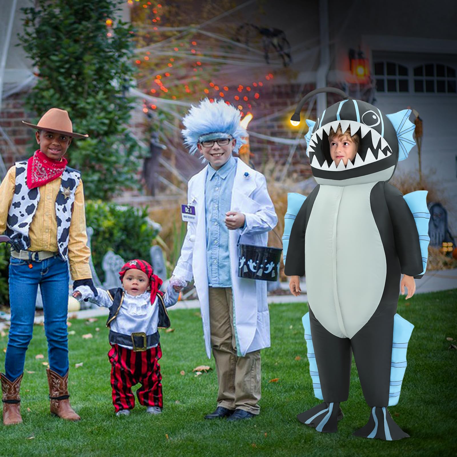 Disfraz inflable, disfraz inflable de pez pescador para niños, divertidos disfraces inflables de Halloween para niños y niñas 5