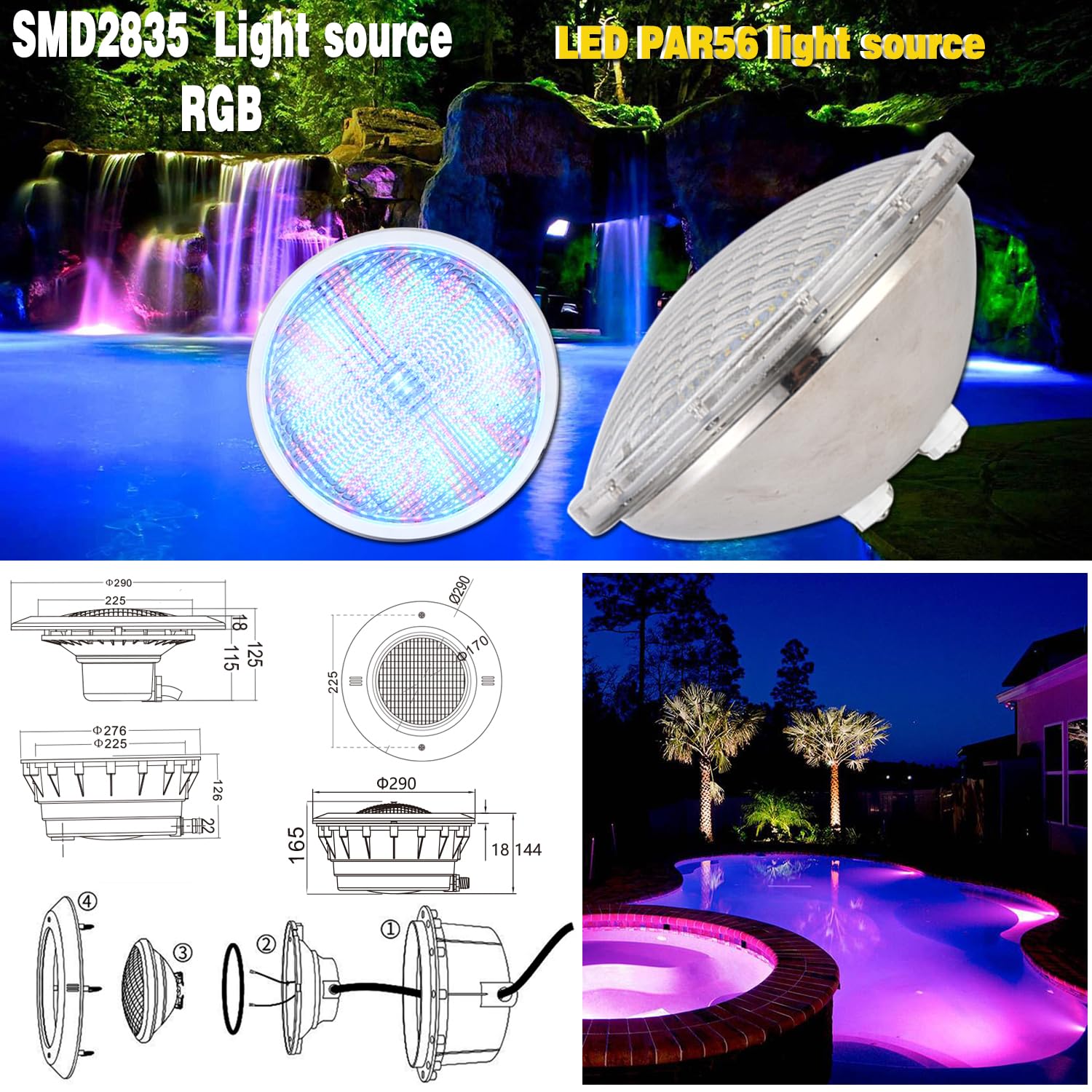 BARCELONA LED Lampadina LED Piscina PAR56 RGB 24W AC12V IP68 Subacquea con Telecomando Ø178mm Luce LED Subacquea SMD2835 per Piscine Spa, Fontane, Hotel e Giardini