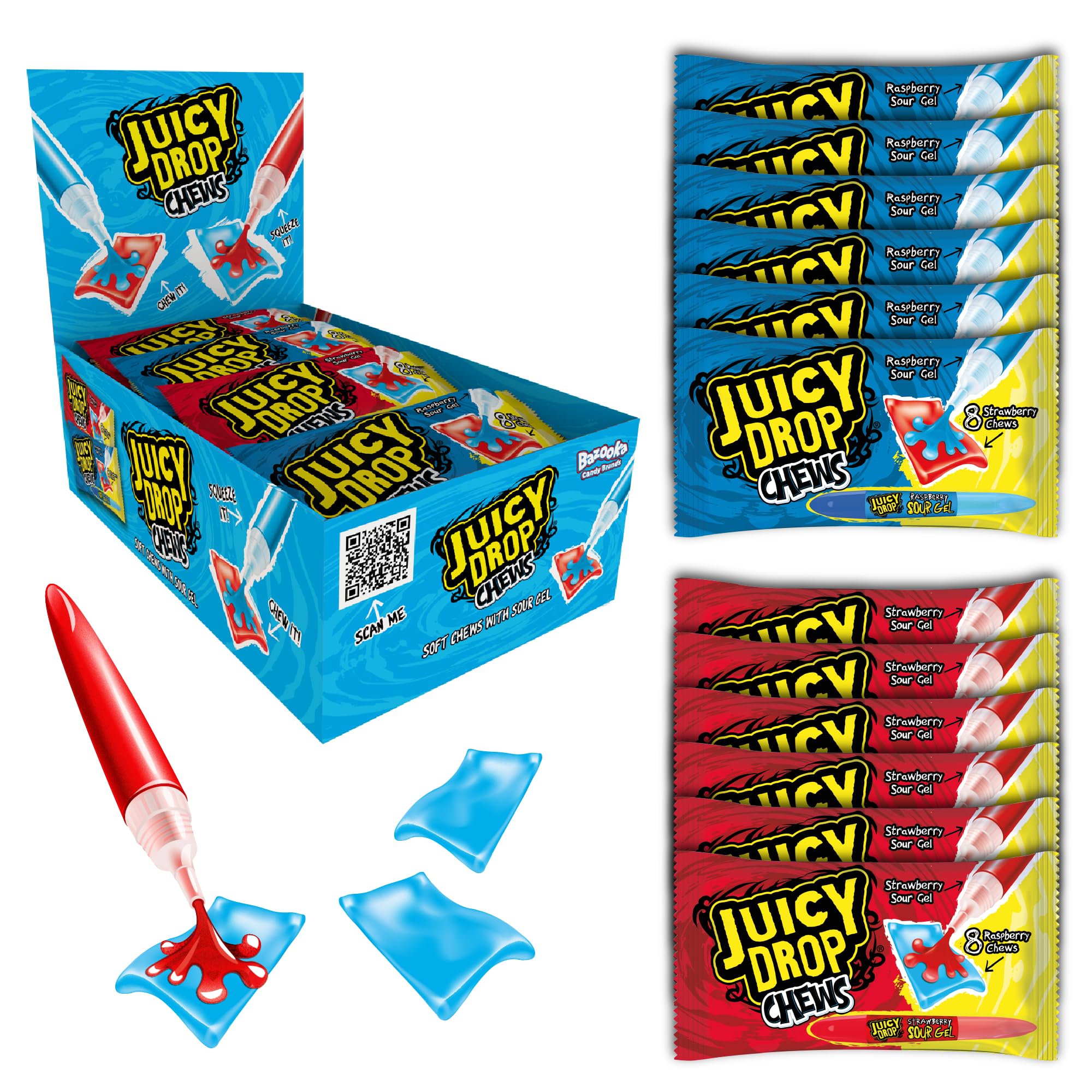 Juicy Drop Chews (16 x 67g Bulk Sweets) Sweet and Sour Kids Sweets for Party Bags, Raspberry and Strawberry - Gluten Free Sweet and Sour Candy
