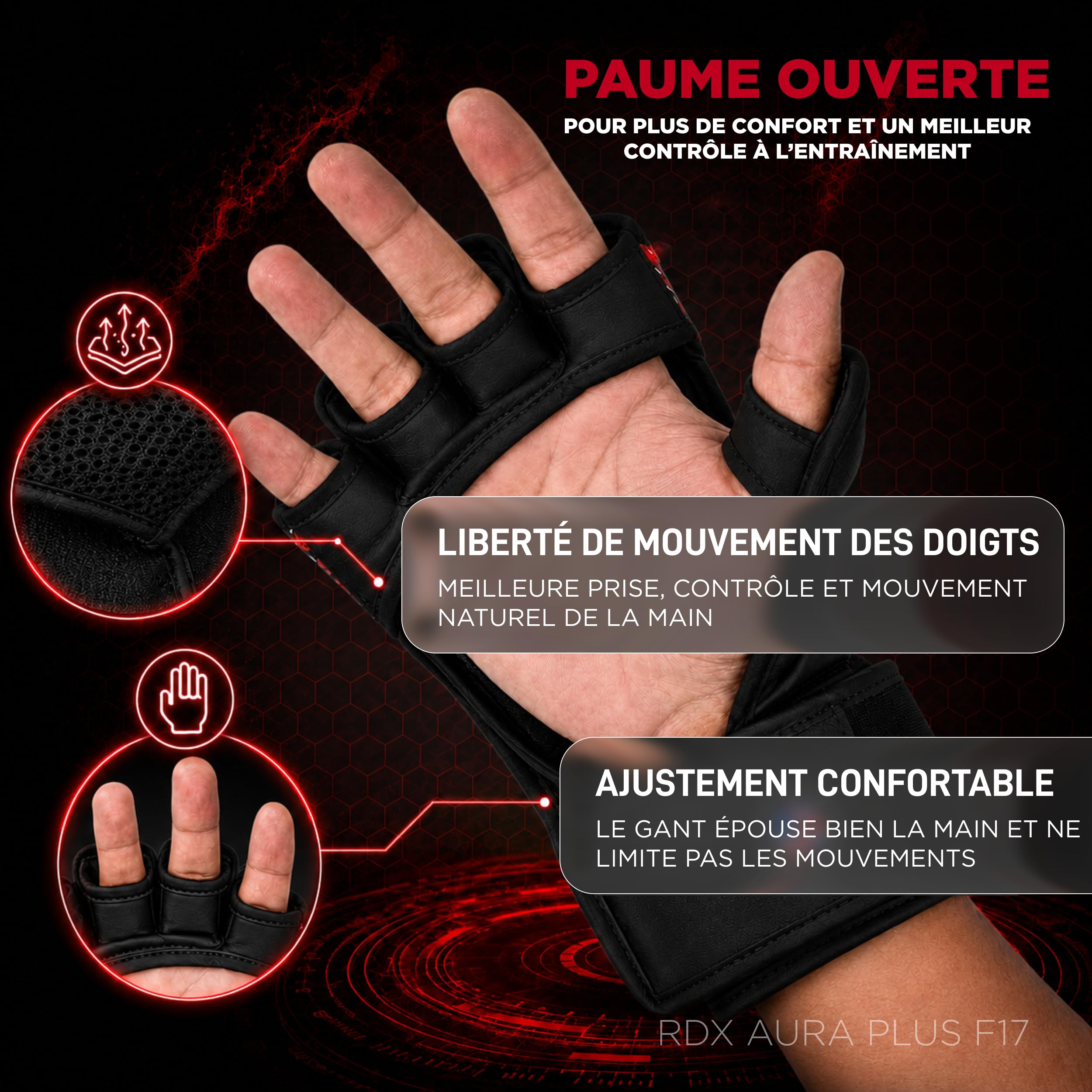 RDX Grappling Gloves Aura Plus F-17, Gants MMA RDX avec Protection renforcée du Pouce, Gants de Sparring MMA pour entraînement et Sparring, Gants MMA en Cuir synthétique pour Hommes et Femmes