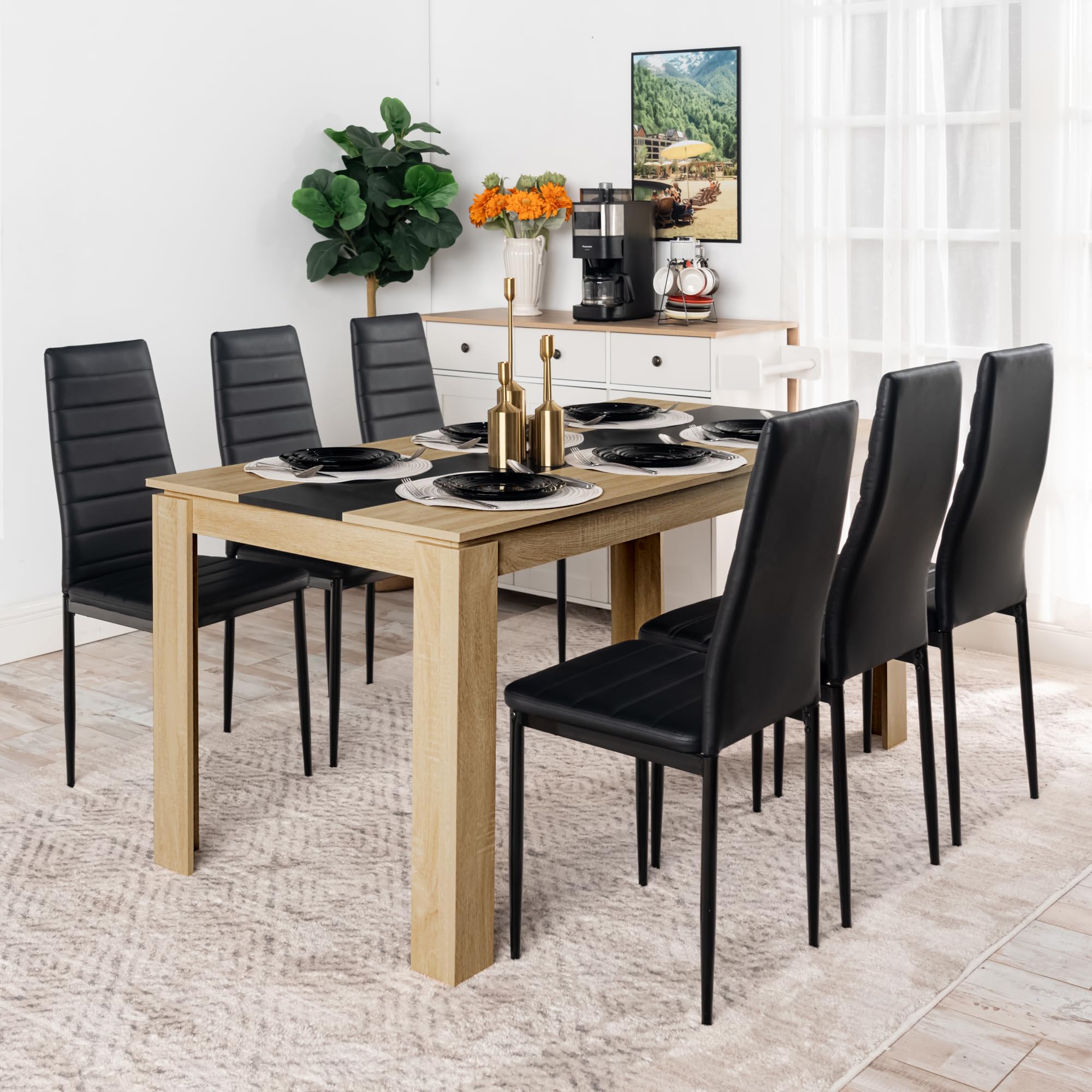 Esstisch mit 6 Stühlen Esszimmergruppe, Essgruppe mit Hochlehner Kunstleder Stuhl für 6 Personen, Sitzgruppe für Küche Esszimmer Wohnzimmer(160 * 80 * 75cm Tisch+6 Schwarz Stühle)