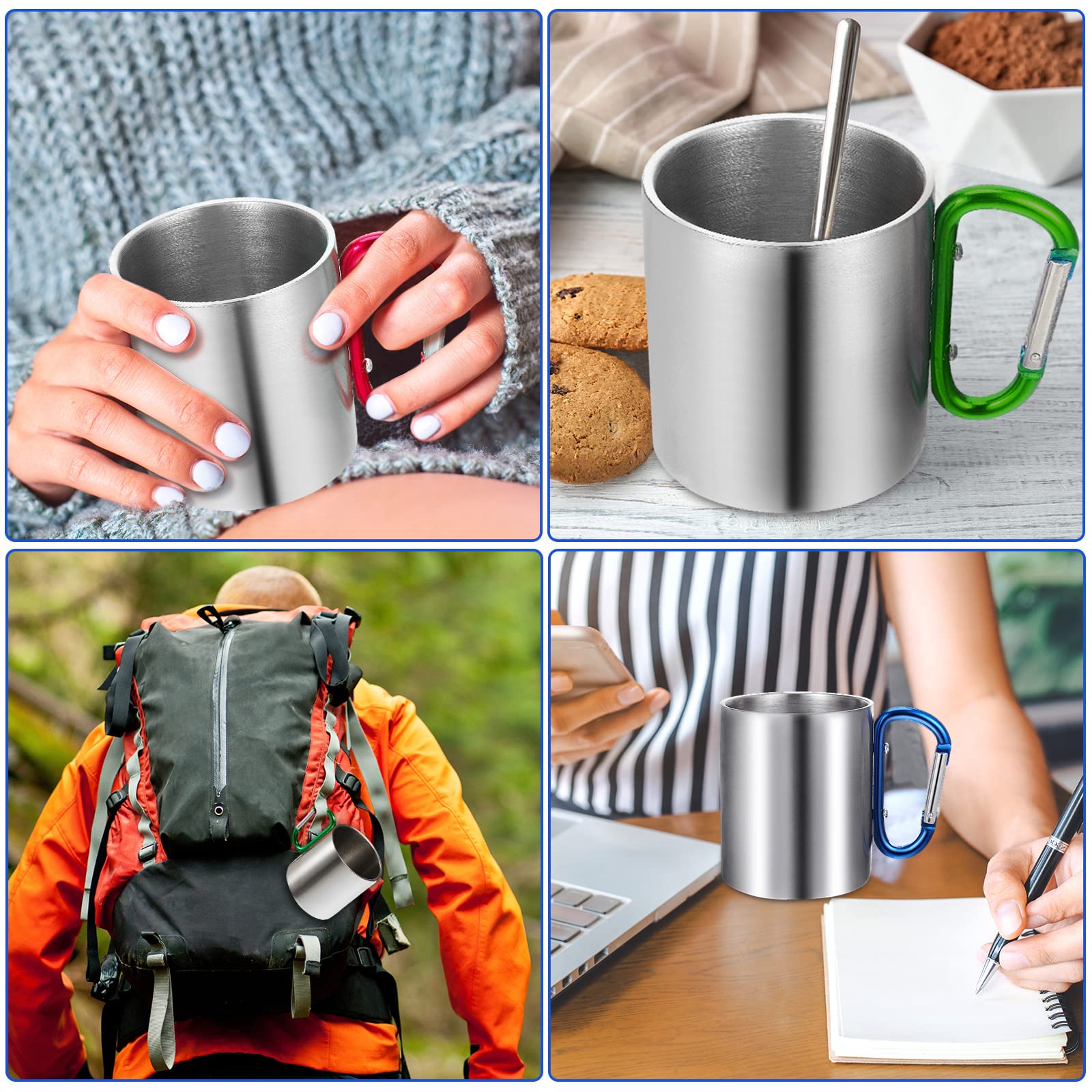 Tessco for you 6 Pcs Insulated Stainless Steel Camping Coffee Mug Portable Hiking and Backpacking Camping Cup with Handle for Outdoor Sports Travel Hiking Kitchen, 3 Style, Red, Blue and Green