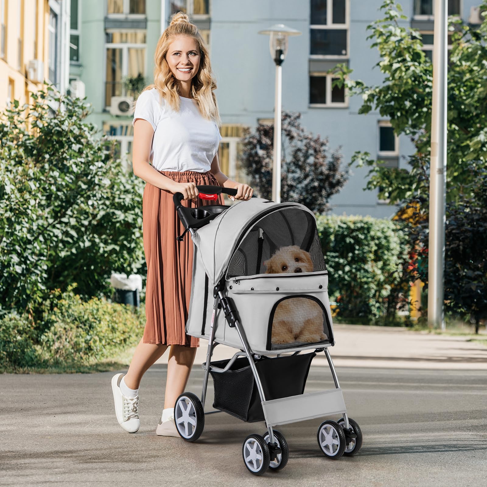 SOARS Hundebuggy, Hundewagen bis 15kg klappbar, Katzenwagen mit Netzfenstern & Getränkehalter & Aufbewahrungskorb, Haustier-Kinderwagen für kleine Haustiere (Grau)