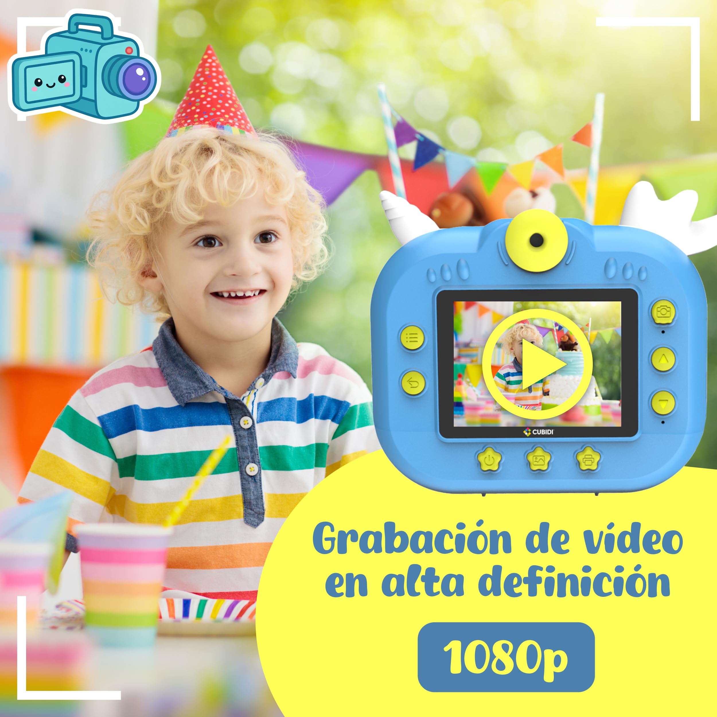CUBIDI® Camara Fotos Infantil Instantanea – Cámara de Fotos Infantil con Impresión Térmica Sin Tinta con Lente 180° y Tarjeta 32 GB Incluidos. para Niñas y Niños 3-12 Años. Dinosaurio Azul.