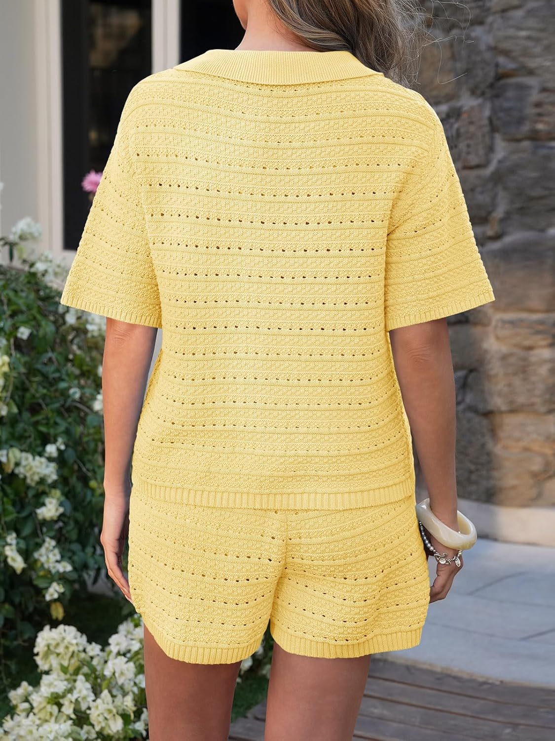 Fisoew Womens 2 Piece Crochet Swimsuit Cover Ups Button Cardigan Loose Knit Shorts Sets Summer Beach Vacation Outfit - Image 4