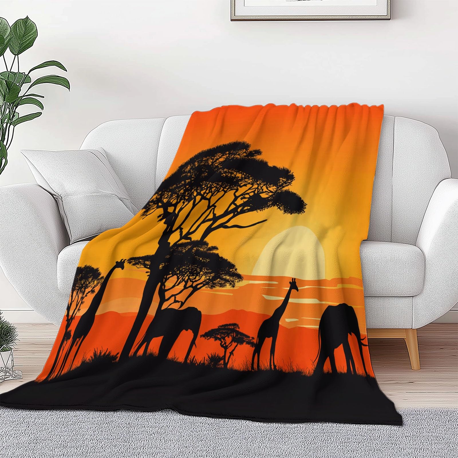 Superweich Warm Orangegelb Decke 150 x 200 cm, Afrika Savanne Tiere Leicht Gemütlich Flanell Überwurf Decke für Bett Couch Sofa Büro Dekoration - Damen und Herren