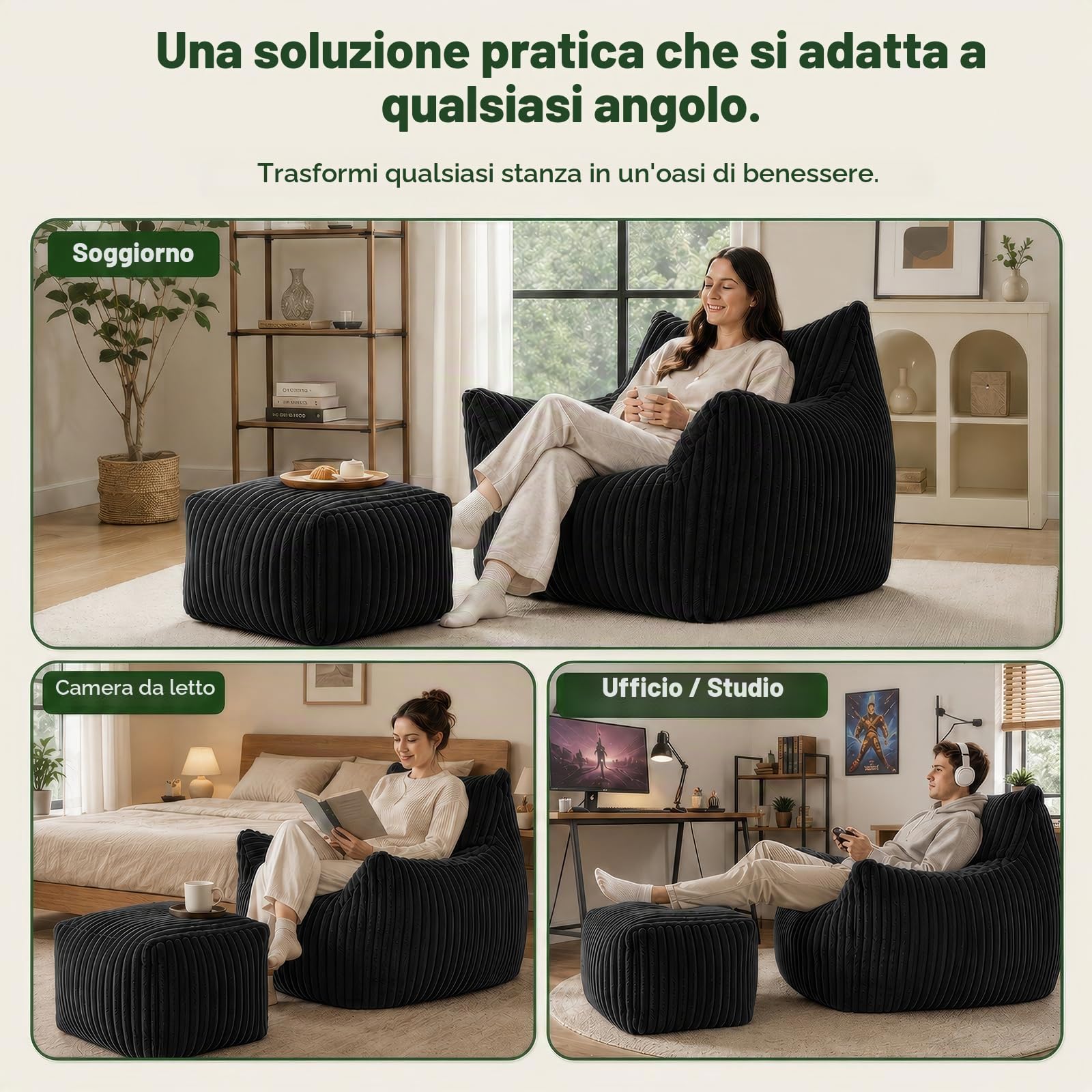 Pouf XXL per adulti con ottomana, poltrona reclinabile ergonomica con 5 zone di sostegno, fodera in coulisse, imbottitura in spugna ad alto rimbalzo, salvaspazio, per soggiorno, camera da letto e