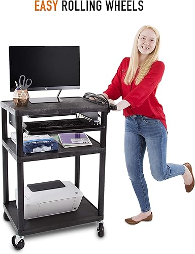 Miniatura 5 de Line Leader - Carrito AV de plástico con bandeja para teclado, estación de trabajo móvil con almacenamiento para oficinas y escuelas, con 4 ruedas,