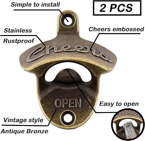 Miniatura 2 de Abridor de botellas de latón para montar en la pared, estilo vintage, bronce antiguo (paquete de 2)