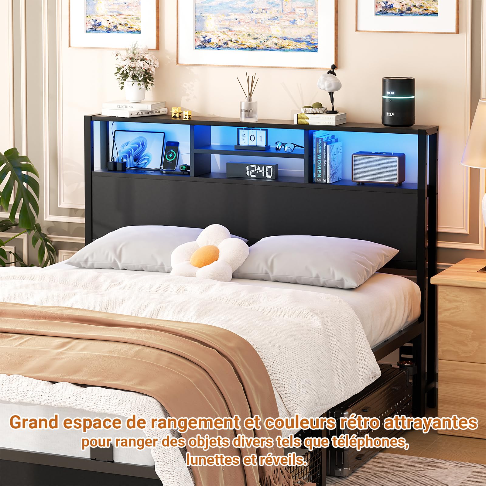 iSunirm Tête de lit avec étagères de Rangement 140 cm, Prises électriques, Ports USB et Pip-C, éclairage LED, Hauteur réglable, réversible, Robuste et Stable, Noire