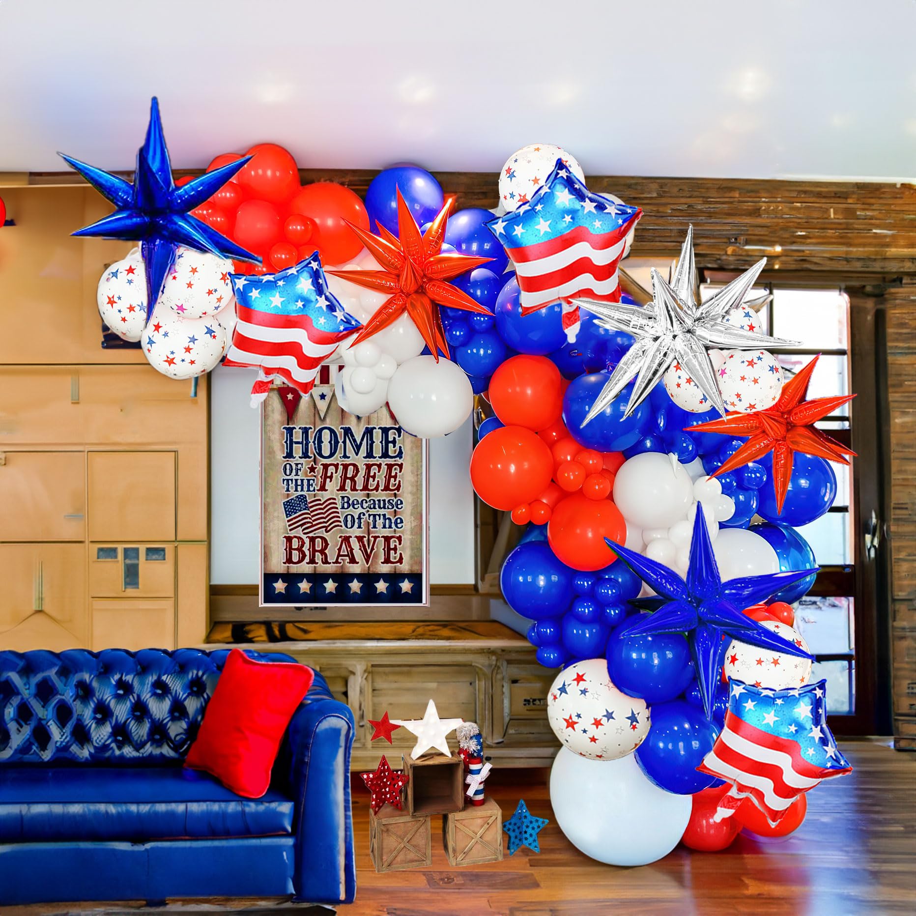Veterans day decorations with Red White and Blue balloon garland kit & USA star print American flag foil balloons for Patriotic july 4th independent