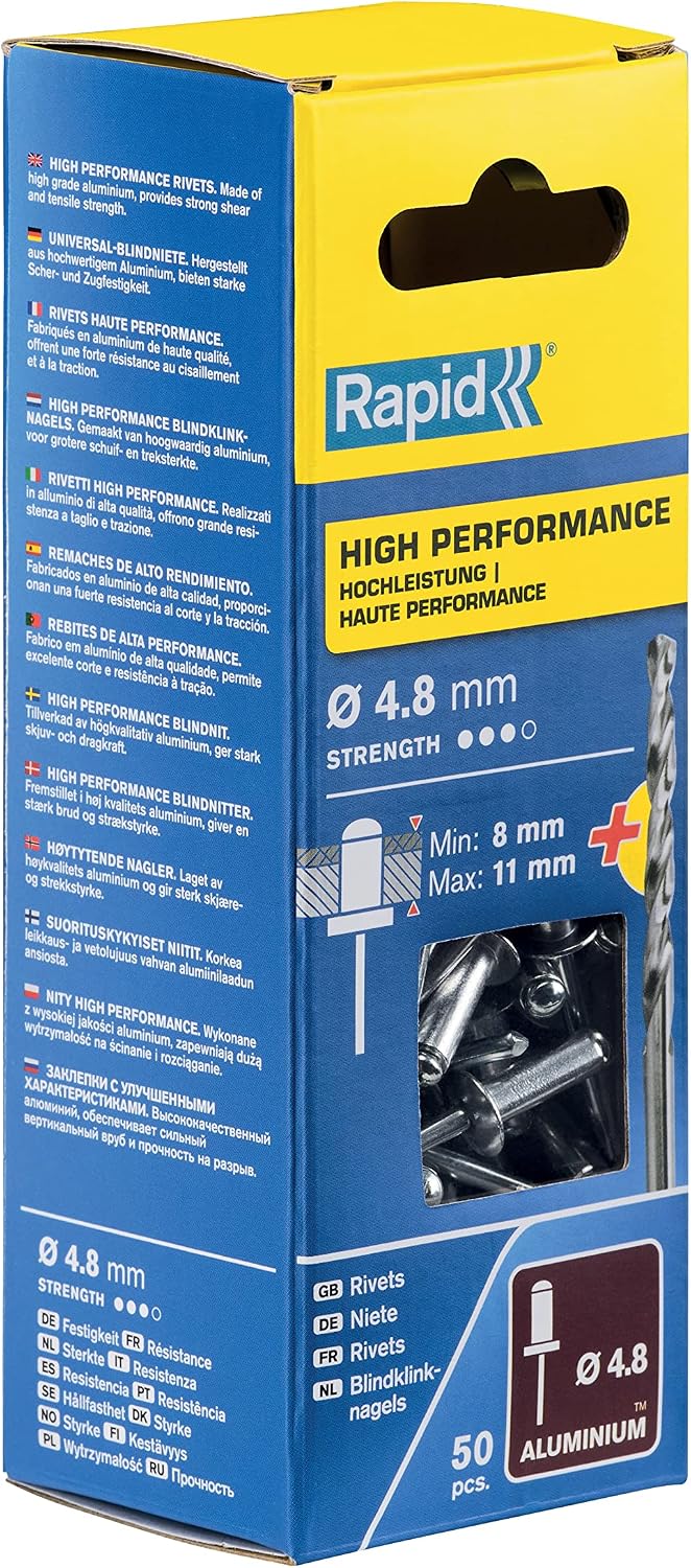 Rapid Rivets High Performance Including Drill Piece, 4.8 x 14 mm, 5000389 - 50 Pieces, Silver/ Blue/ Clear, ø4.8 mm - Image 3