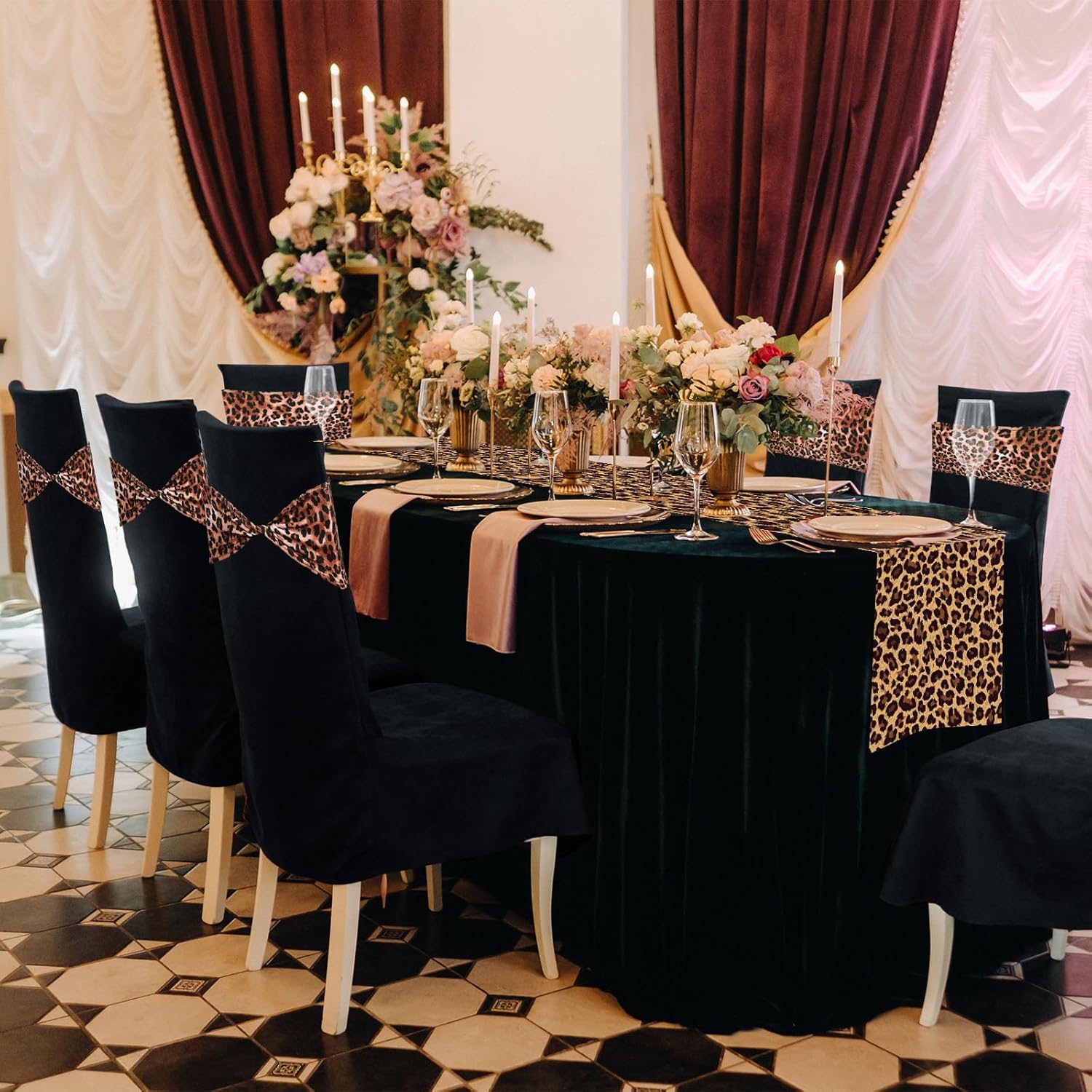 Newwiee 24 Pcs Spandex Chair Bands Animal Print Elastic Chair Sashes Bow Polyester Chair Cover Bands Ties Without Buckle for Animal Safari Jungle Theme Party Birthday Decor (Leopard Print)