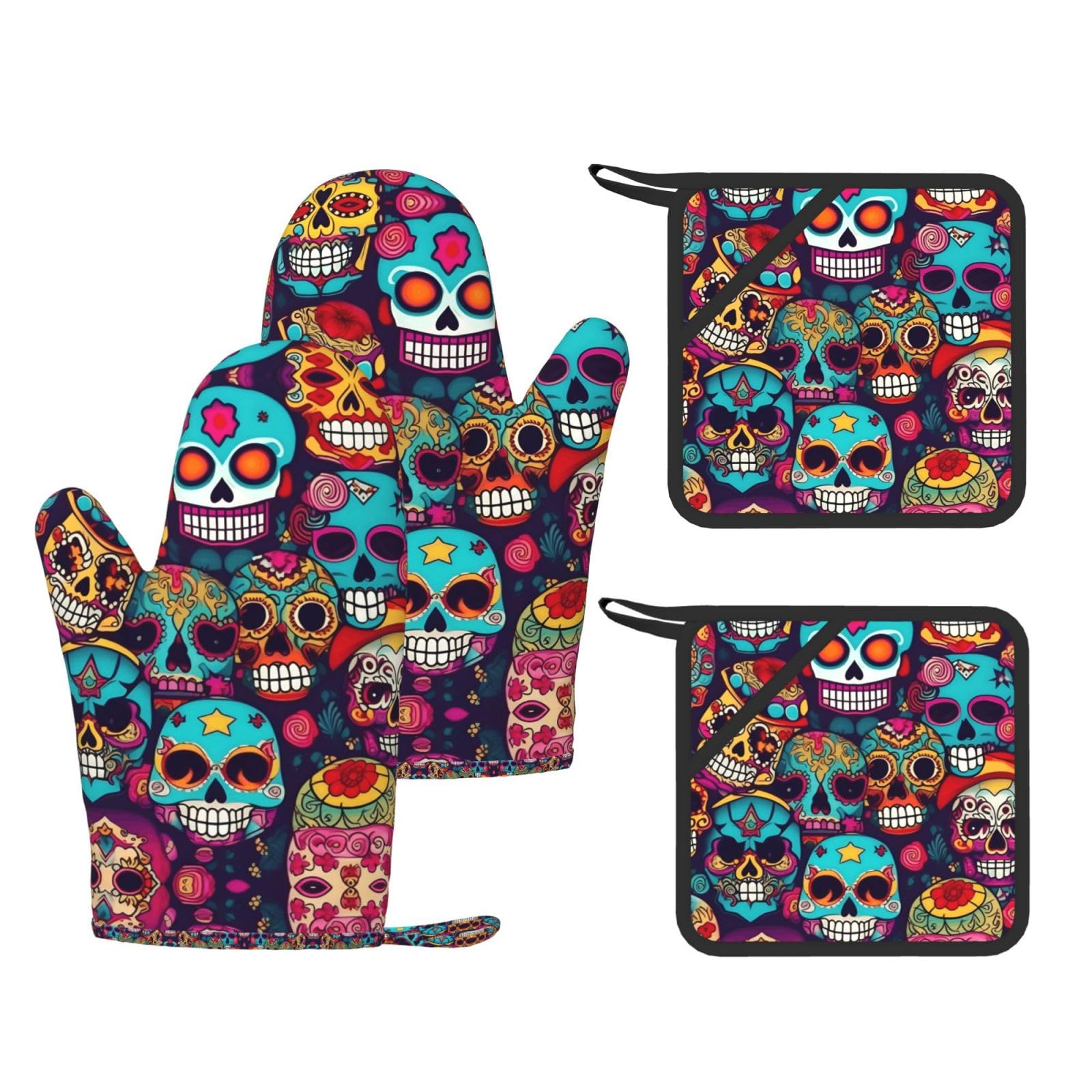 Sugar Skulls Printed Oven Mitts with Pocket and Hot Pads, Silicone Non-Slip Kitchen Gloves for Baking BBQ