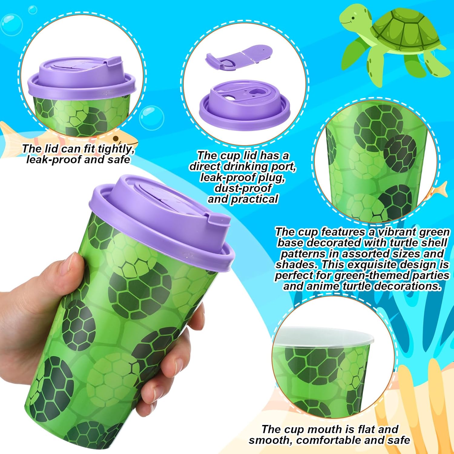 Yungyan 36 Sets Green Turtles Party Favors Goodie Cups with Lids and Straws for Birthday Decorations Reusable 16oz Plastic Candy Cups Plastic Straws for Birthday Party(Green Turtles)
