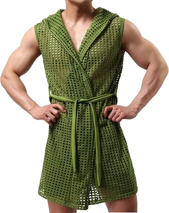 Mens Sexy Hooded Sleeveless Robes Set See Through Towel Bath Robe Nightwear Mesh Transparent Bathrobe