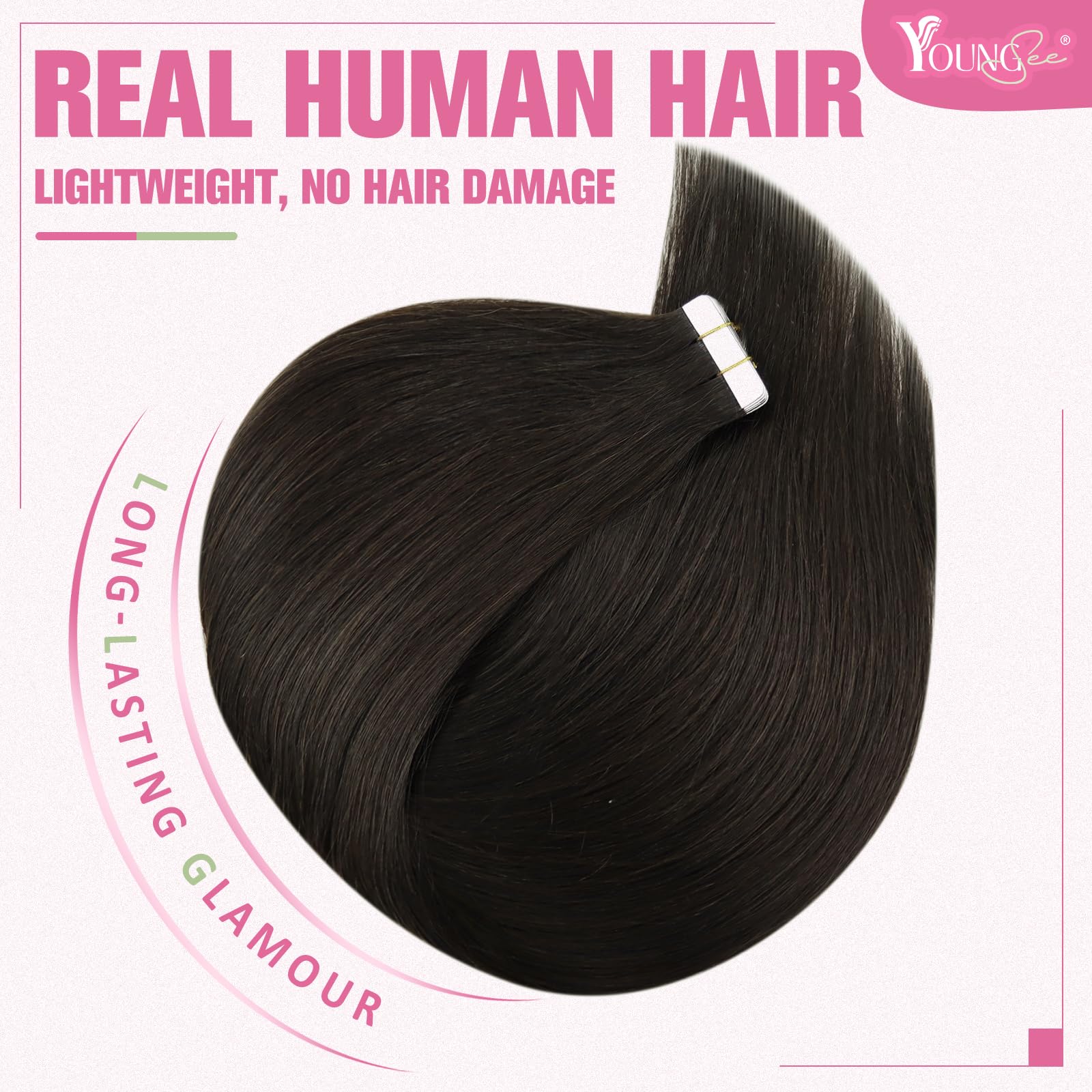 YoungSee Tape in Hair Extensions Dark Brown Tape in Natural Hair Extensions Brown Tape Extensions Human Hair Darkest Brown Real Human Hair Tape in Extensions for Women 22in 20pcs 50g — view 2