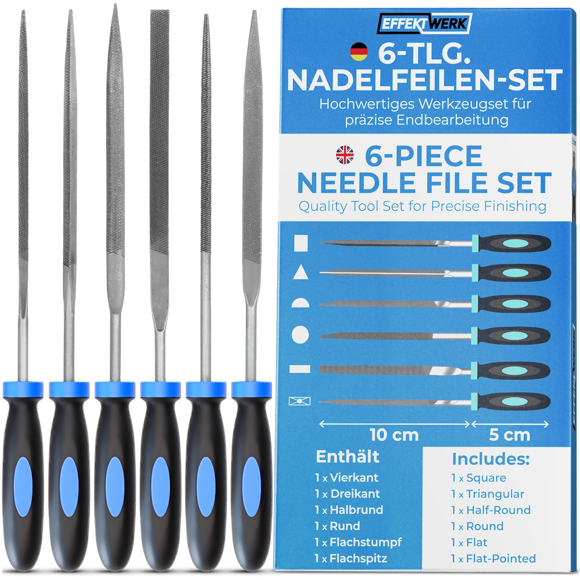 6 pc Needle File Set for Wood, Metal, Plastic and Jewellery - 150x3mm - Small Round, Half-Round, Square, Triangle, Flat and Flat Pointed Files