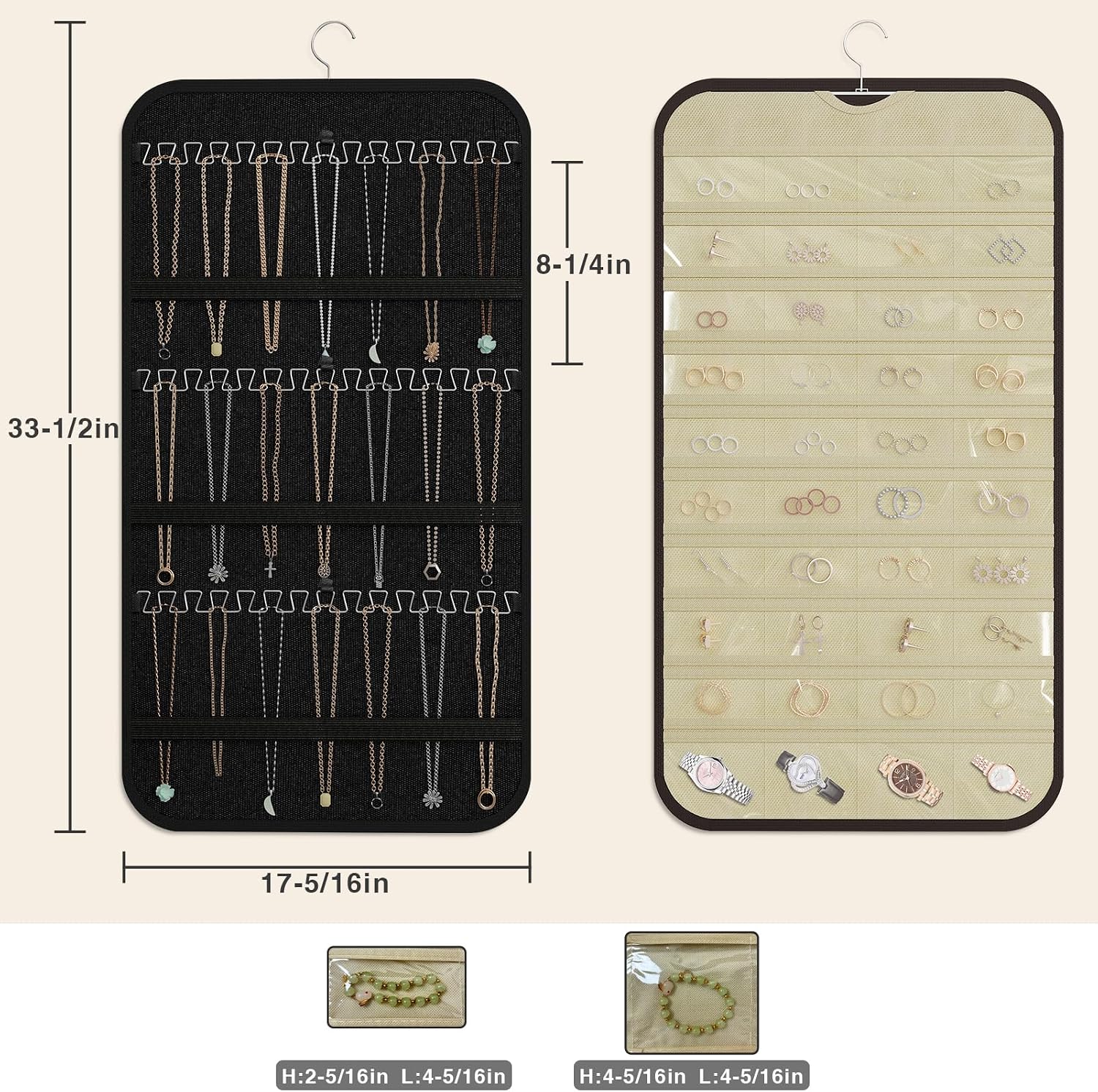 Hanging Jewelry Organizer for Necklaces Earrings, 1-Pack, Black and Beige image 5