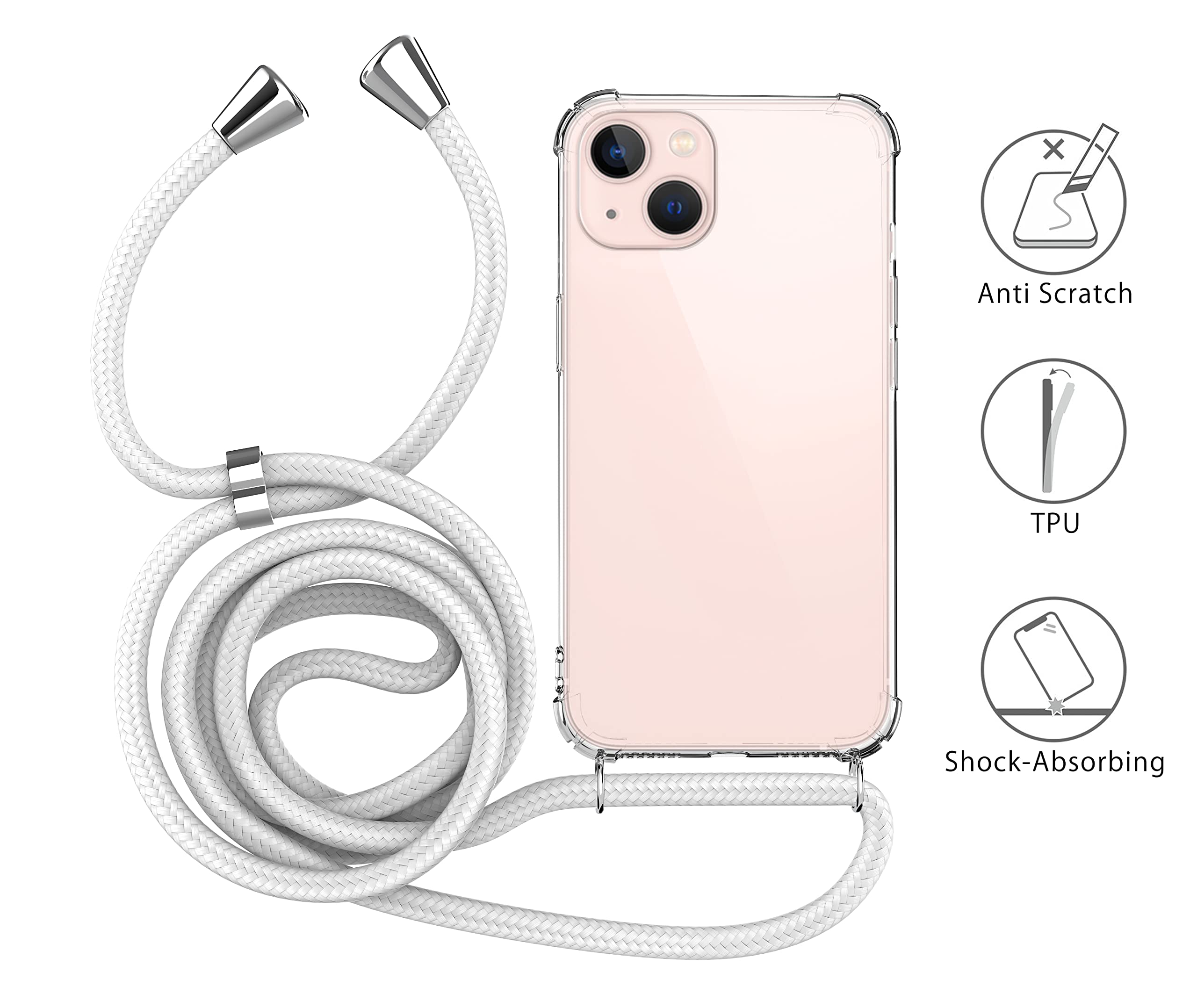 YuhooTech Custodia con Cordino per iPhone 13 Mini, Cover con Collana Practical Stylish, Trasparente Morbido Silicone Leggero Soft TPU Bumper Antiscivolo Case per Cellulare Girocollo