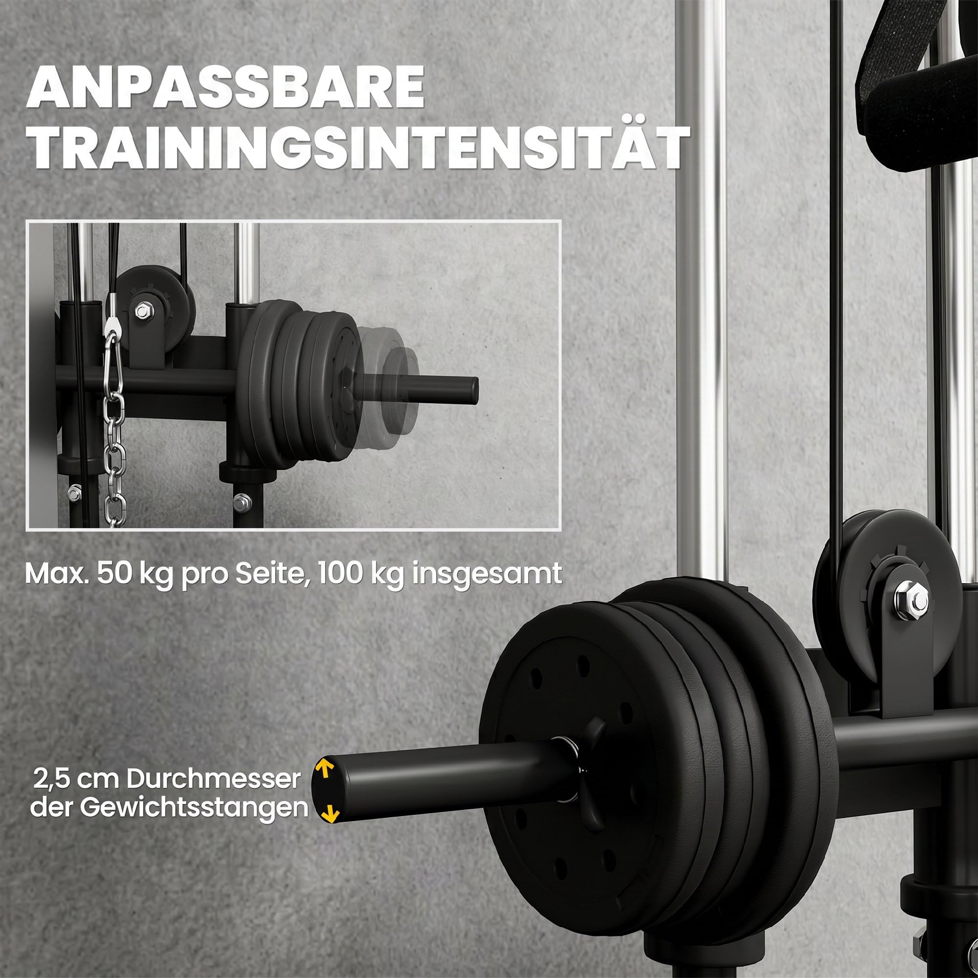 SPORTNOW Kraftstation höhenverstellbar 25-165 cm mit Dual-Pulley-Systemen Adaptern Multifunktionale Trainings-Gerät max. 120 kg, für Heimtraining 62 x 60 x 200 cm Schwarz