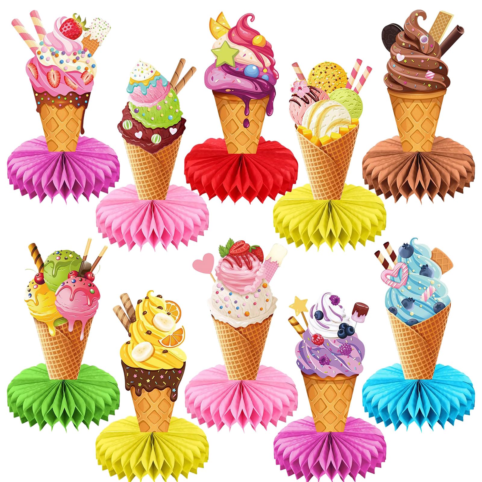 10 PCS Ice Cream Honeycomb Centerpieces 3D Ice Cream Party Decorations Table Centerpieces, Summer Birthday Party Supplies Kids' Party Supplies Decorations