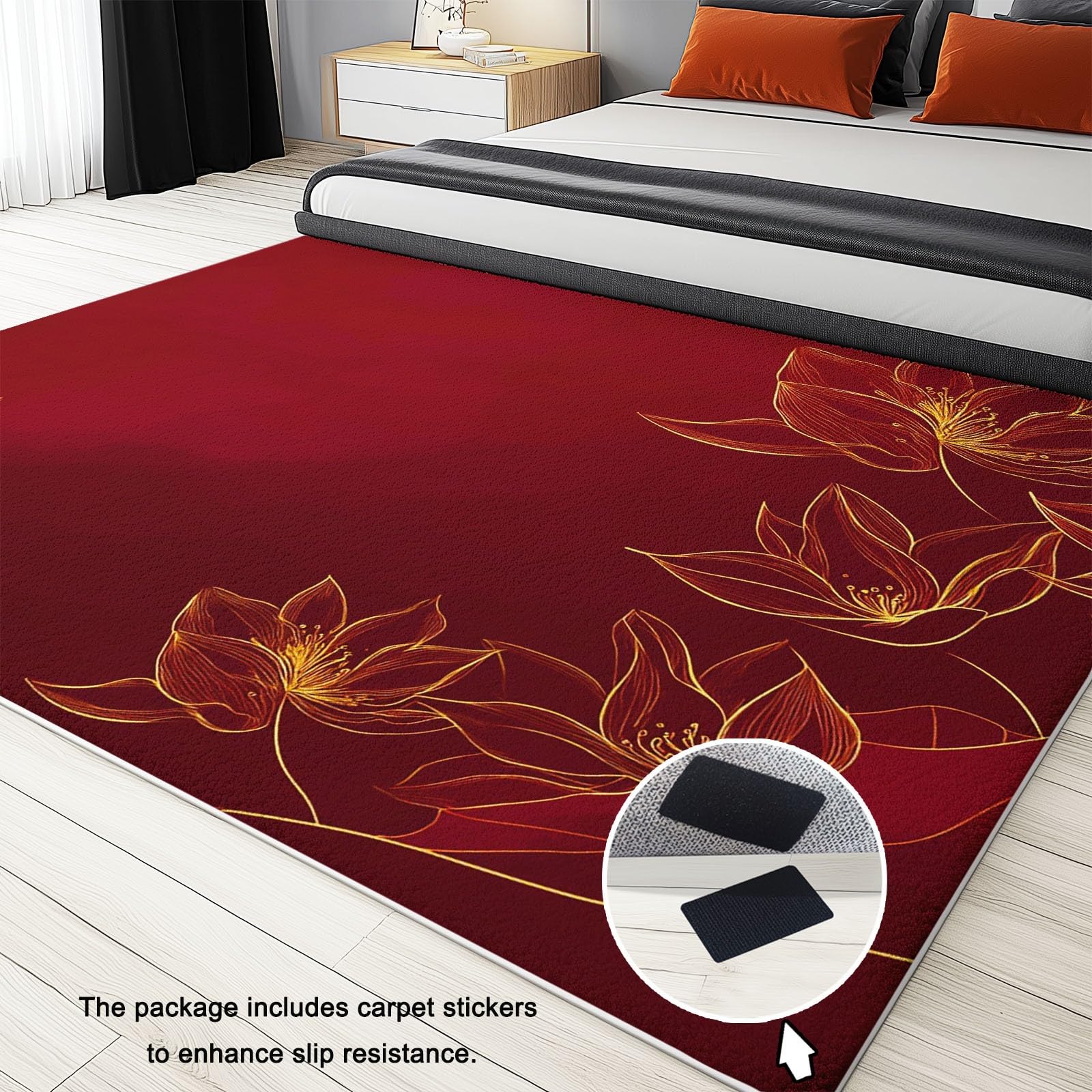 Generisch Kinderteppich Rot Osten Blumen Lotus Linien 80 x 150 cm - rutschfeste Spielmatte Krabbeldecke Teppich Pflegeleicht Waschbar, Weicher Kurzflor für Schlafzimmer & Home Office