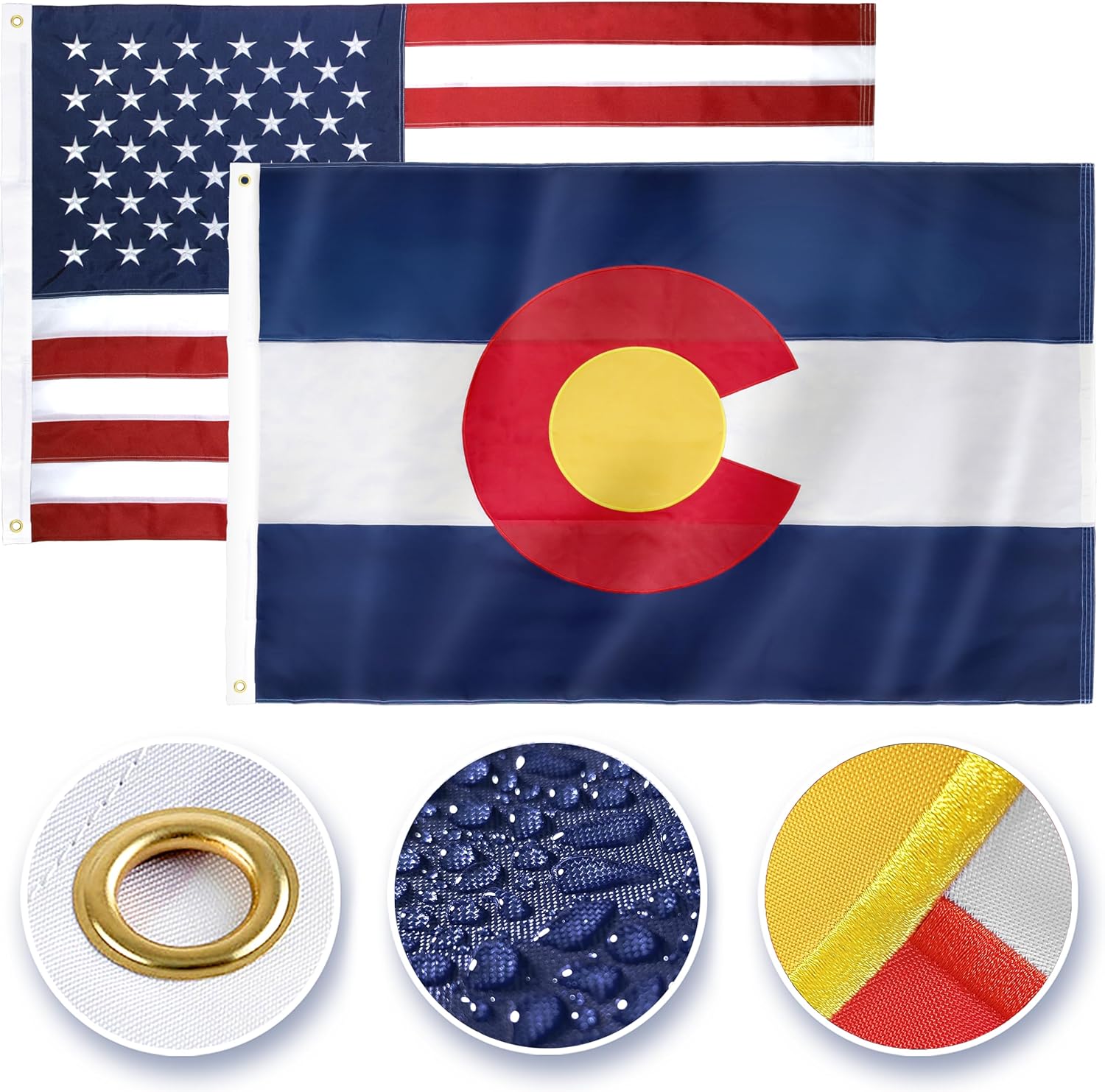 Colorado + USA Flags 3x5 Feet Combo Pack - Embroidered 210D Nylon Flags with Sewn Panels