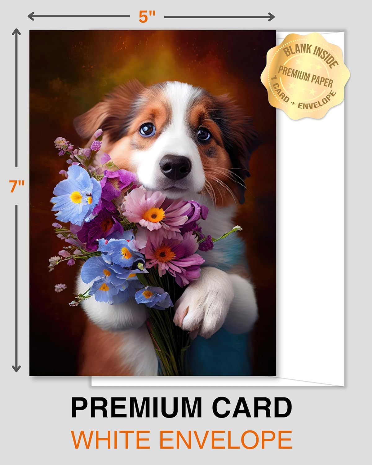 Australian Shepherd with Flowers All Occasions Greeting Card from Unique Dogs Party Delights Collection Large 5x7 Inch Blank Inside with White Envelope - Image 3