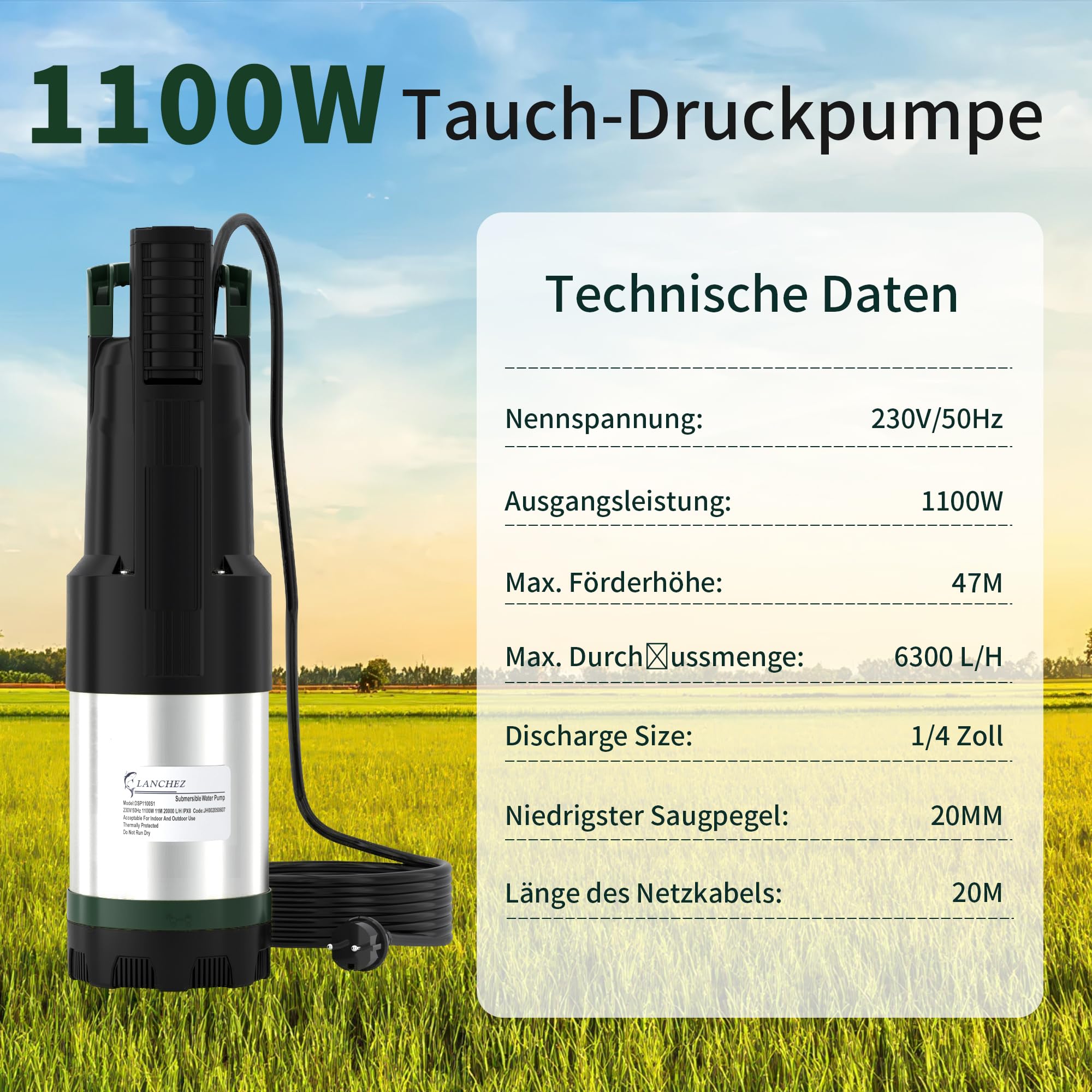 LANCHEZ Tauch-Druckpumpe 4 inox, 1100W Tauchdruckpumpe