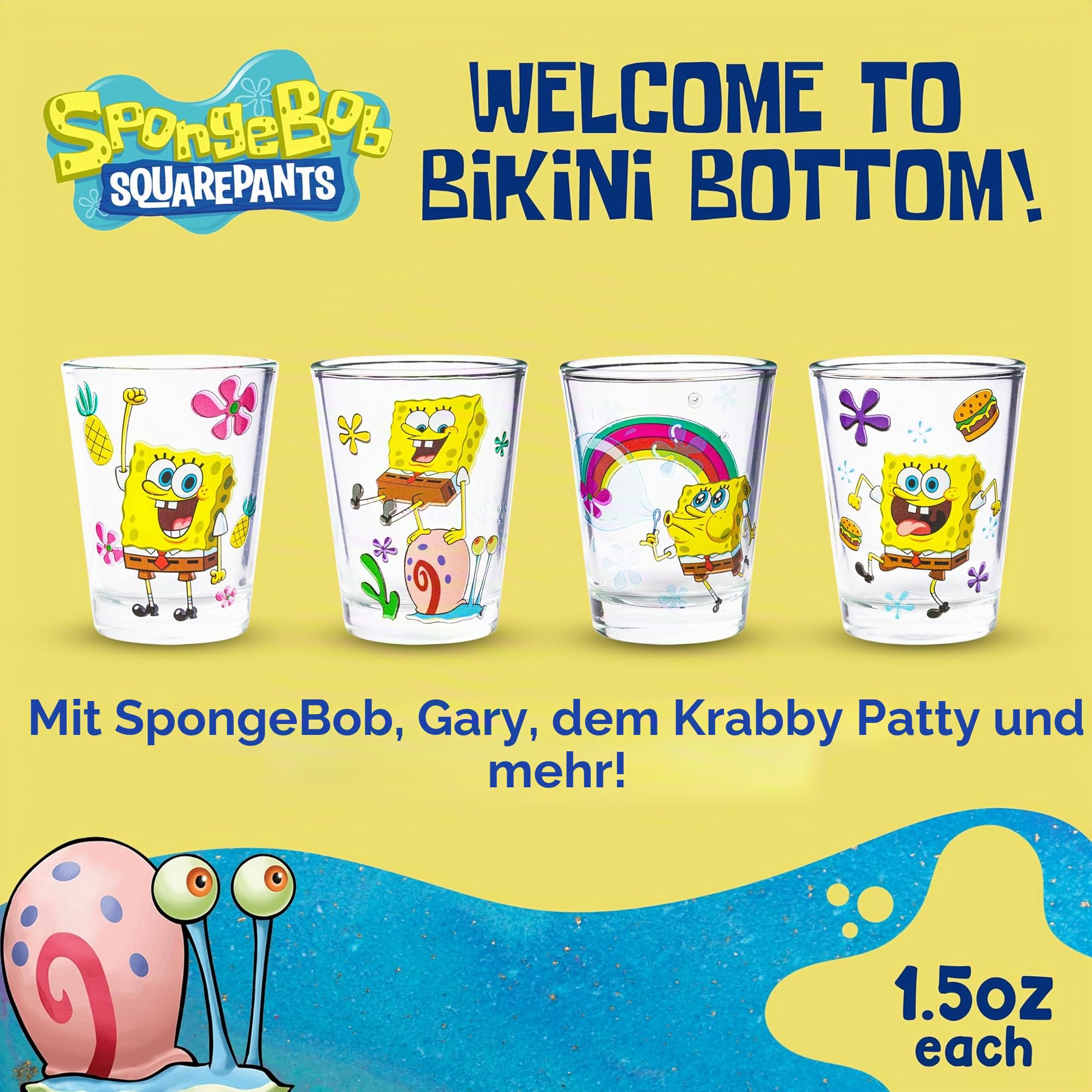 Silver Buffalo SpongeBob SquarePants Poses Floral Krabby Patty Mini-Glas-Set, 42,5 ml, 4 Stück
