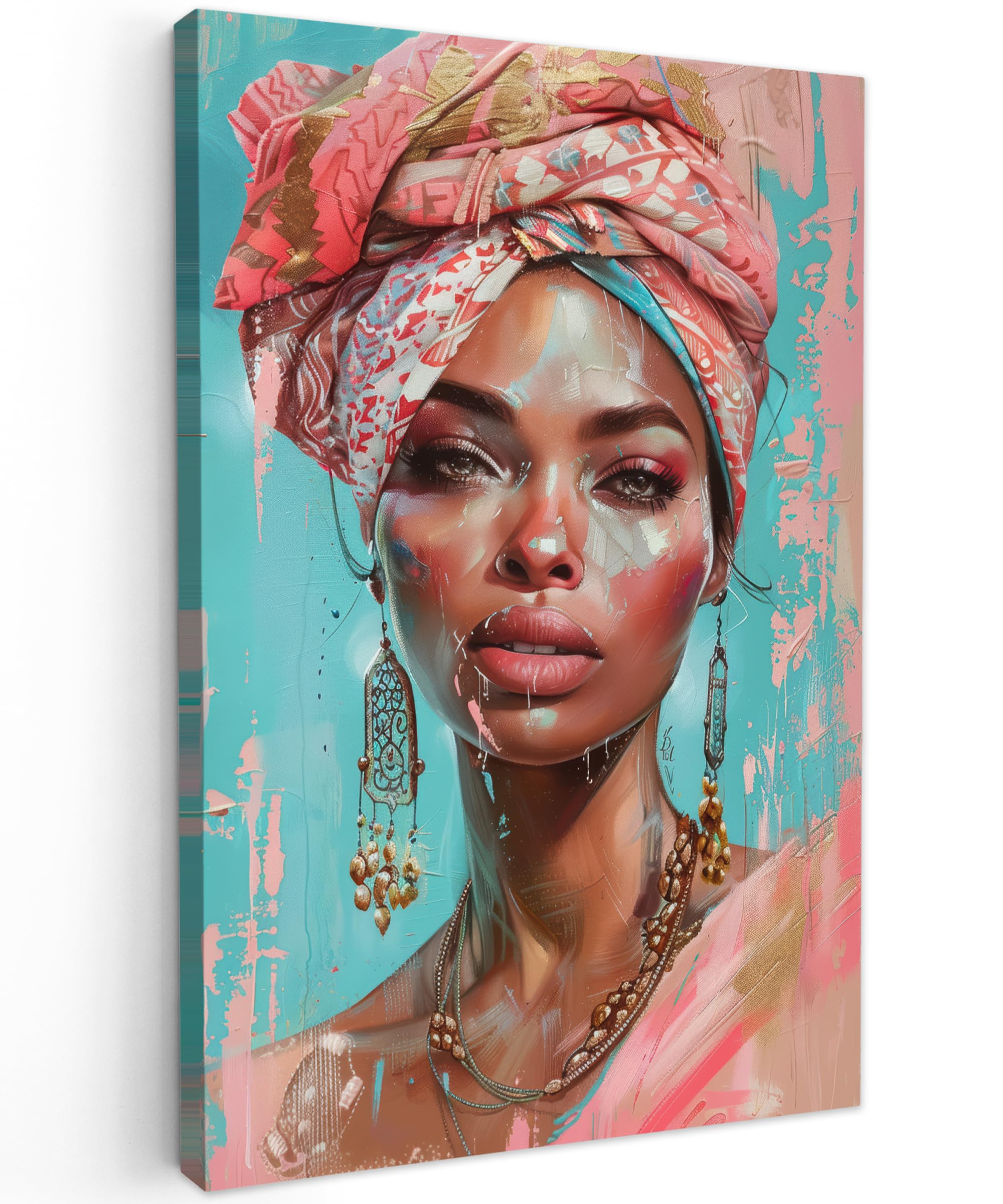 MuchoWow© Canvas Wall Art 16"x24" / 40x60 cm Home Decor Paintings for Living Room Decorations Gifts Hallway Woman - Portrait - Blue - Pink - Modern