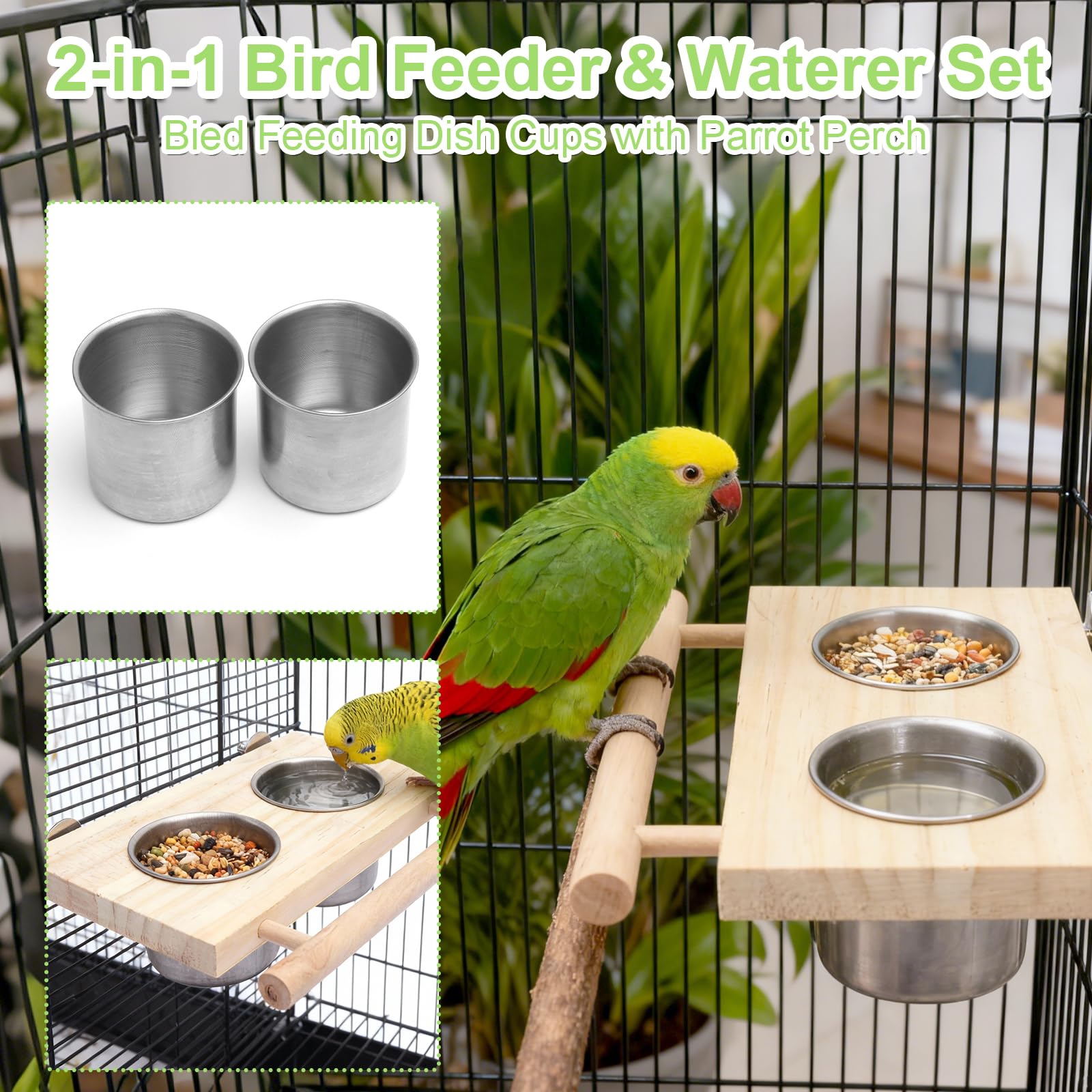 VOSSOT Bol d'alimentation pour Oiseaux Mangeoire Perroquet en Acier Inoxydable, Oiseaux Perches Jouets pour Oiseauxs à Marcher Bois Perchoirs Décoration des Cages à Oiseauxs Perruche et Perroquet