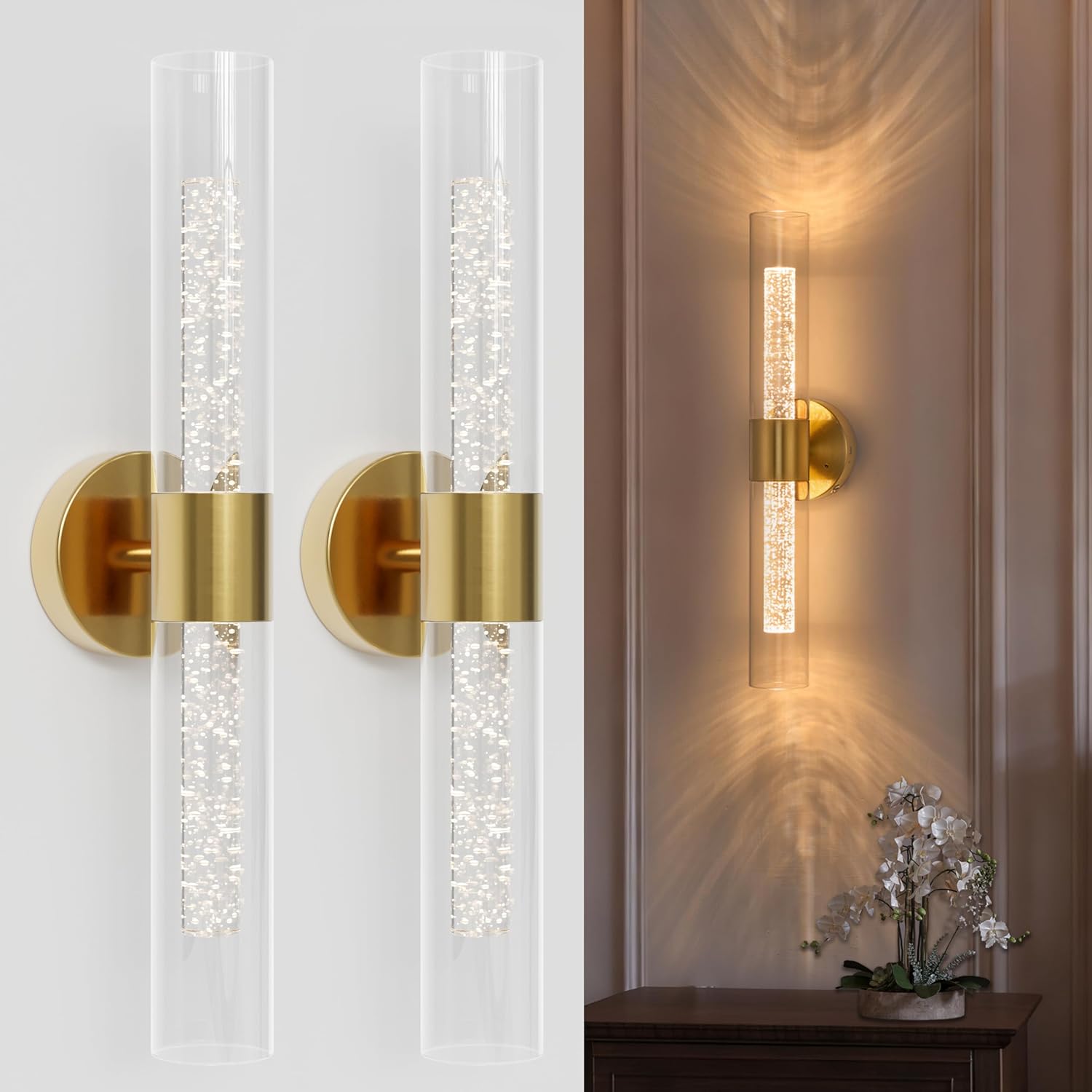 Battery Operated Wall Sconce Set of Two, 22 Inch Rechargeable Wall Sconces 3000K/4500K/6000K 8000mAh Crystal Bubble Timer Battery Operated Wall Light with Remote Control for Living Room Gold Gold Crystal Bubble & Glass Shade(2 Pack)