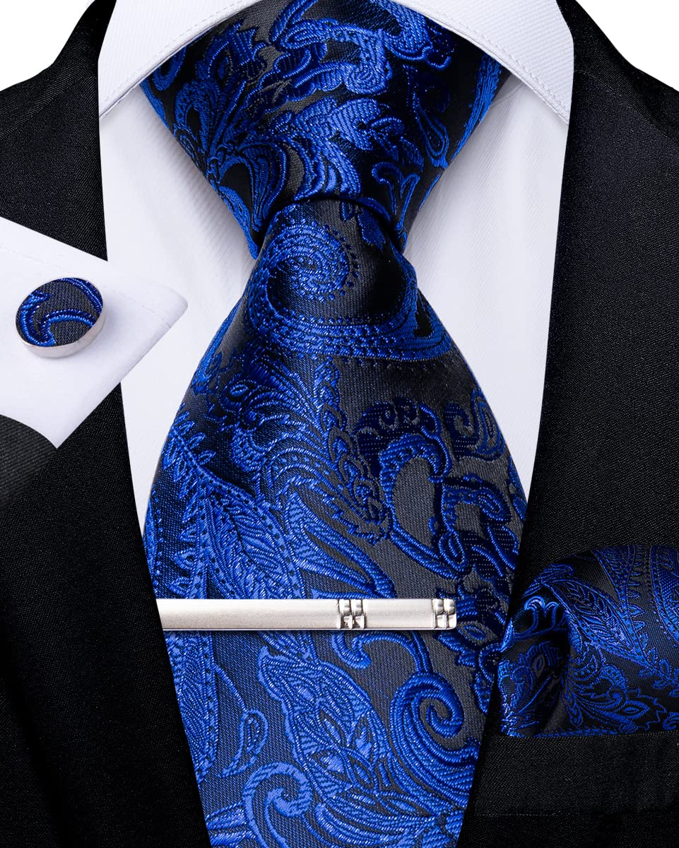 DiBanGu Juego de corbata tejida de seda para hombre, diseño floral, con bolsillo cuadrado, gemelos y clip de corbata para bodas y negocios, azul, Taille unique