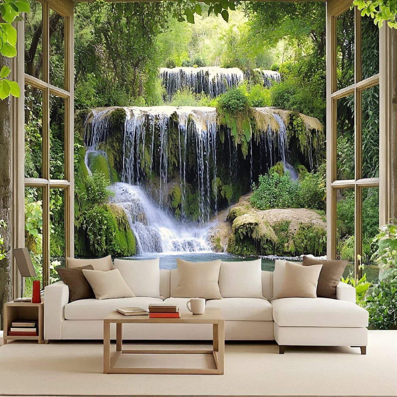 Forest Wallpaper Mural Window View Photo Wallpaper Fall 3D Wall Mural 400x280cm Non-Woven Premium Art Print Decoration Poster Picture for Living Room Bedroom TV Backdrop