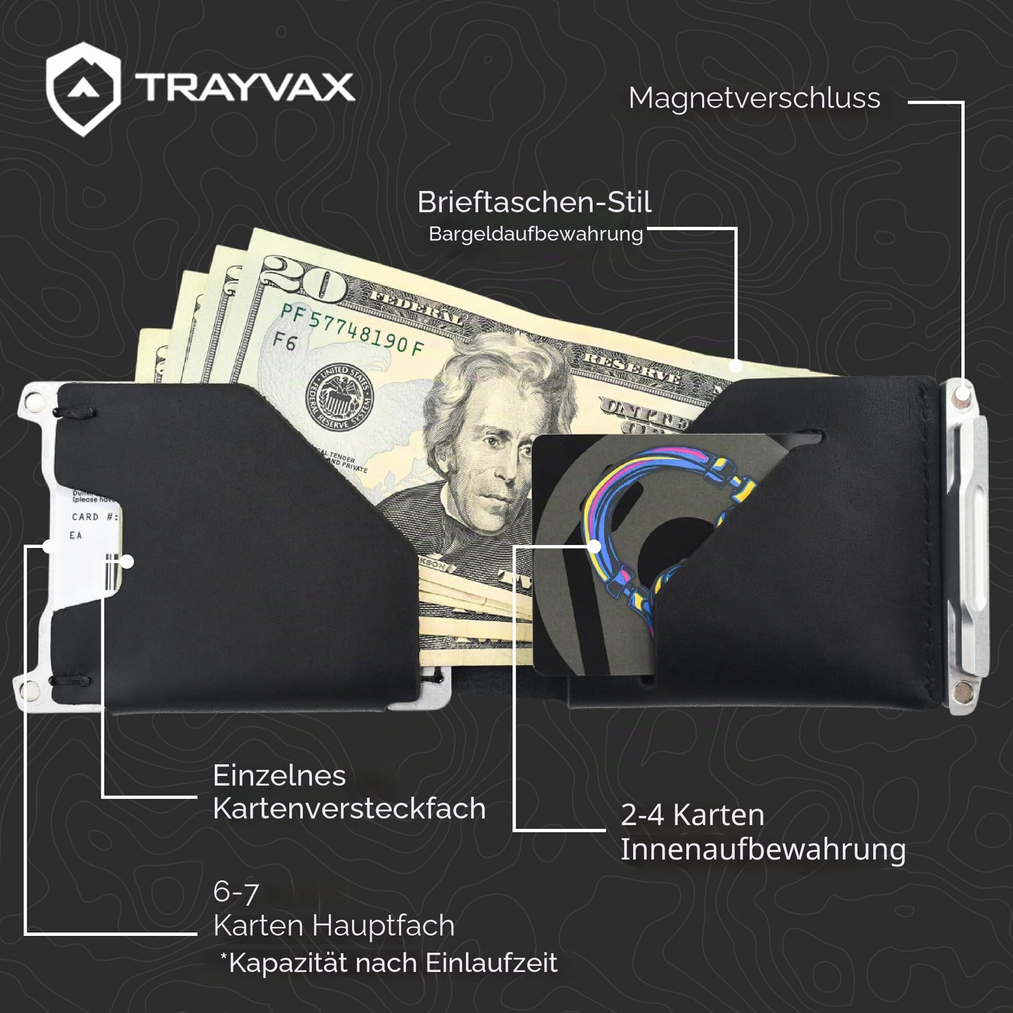 Trayvax Venture Billfold Wallet Fronttasche Geld und Kreditkartenetui Minimalistische Slim Leder Metall Geldbörse für Damen und Herren, Nightfall Schwarz, Compact, Slim, Billfold