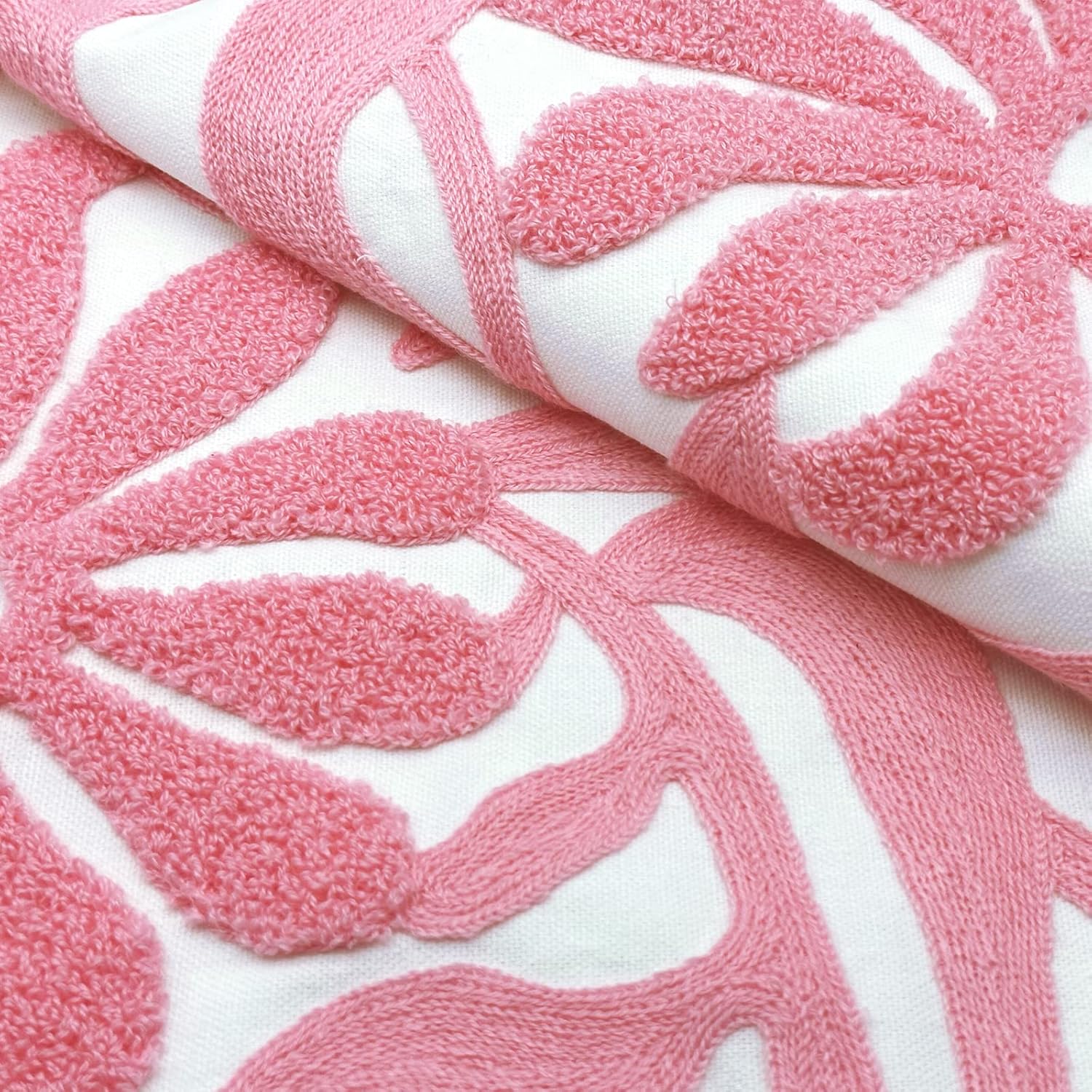 Alysheer Farmhouse Floral Leaves Embroidered Decorative Throw Pillow Cover 18x18 inches, Boho Tufted Flowers Embroidery Pattern Chic Cotton Cushion Case for Couch Bed Sofa Living Room(Light Pink) - Image 4