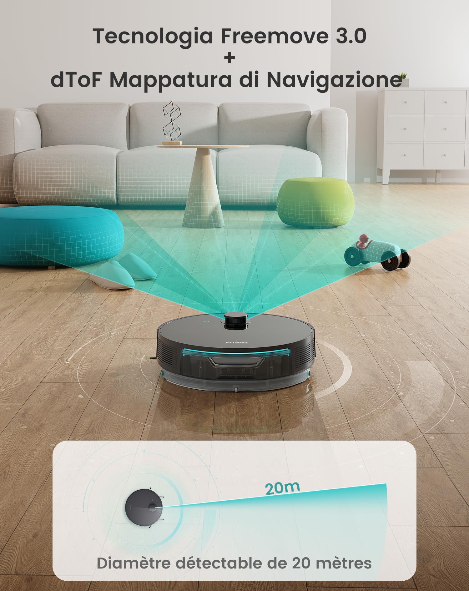 LEFANT N3 Robot Aspirapolvere Lavapavimenti con Mappatura,Sensore Laser d-ToF,Barriere Virtuali,10000pa,200min,Pulizia Dell'area Selezionata,Aspirapolvere Robot Collegato da Alexa/APP, Grigio
