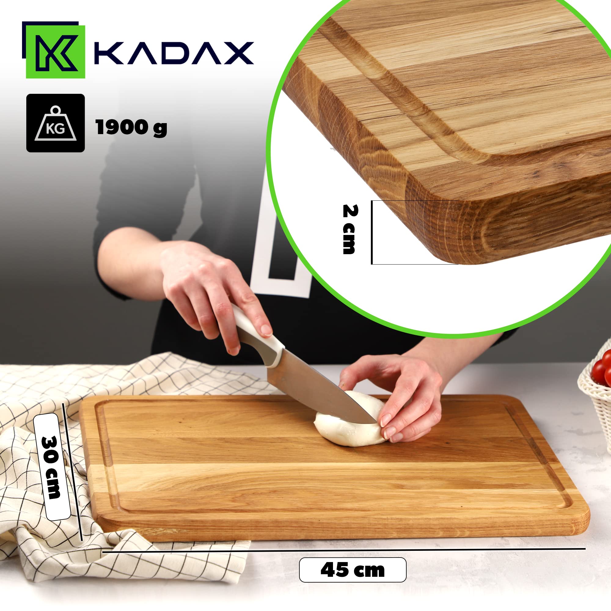 KADAX Oak Rectangular Chopping Board, 5 Different Sizes, Wooden Board with Juice Groove, Cheese Serving Board, Breakfast Board (30 x 45 cm)