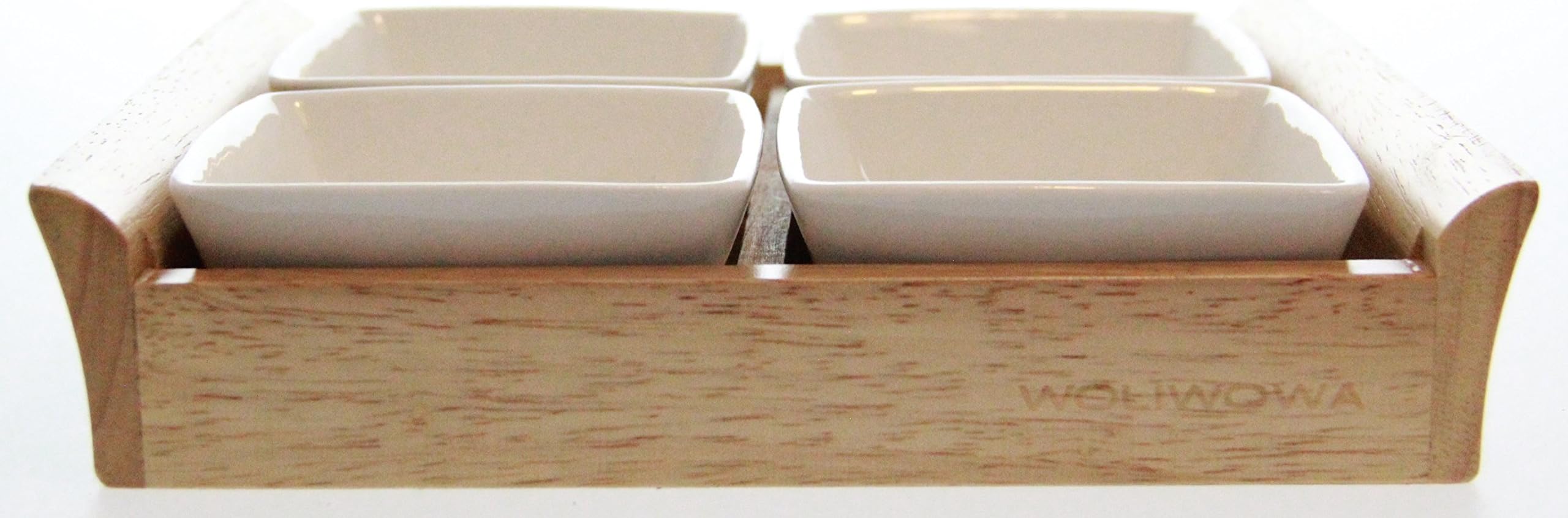 4-Piece Ceramic Party Serving Dish Set with Tray - Natural Wood Tray