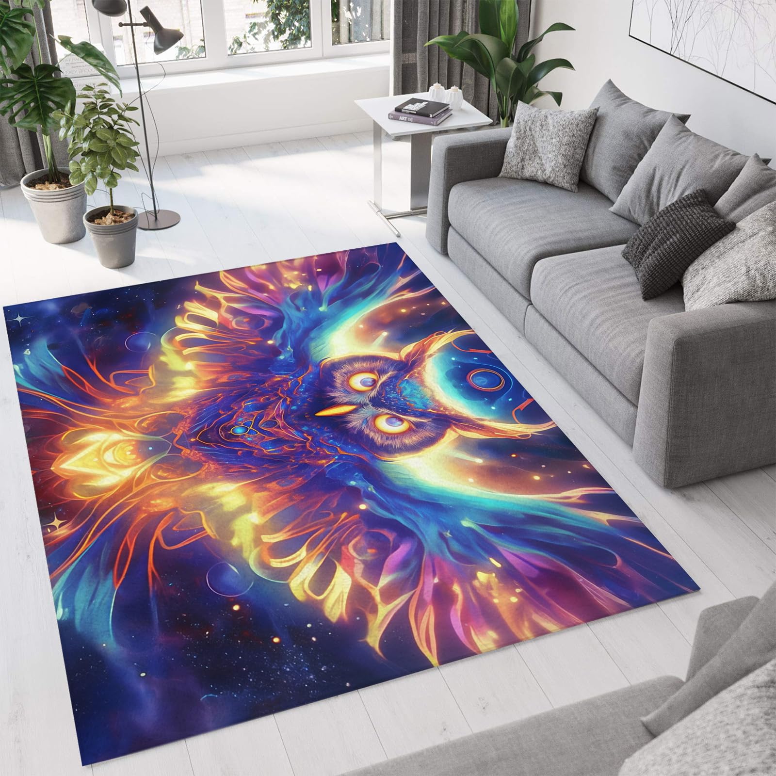 Tapis galaxie bleu ciel 90x150cm à poils courts antidérapant mandala hibou pour salon