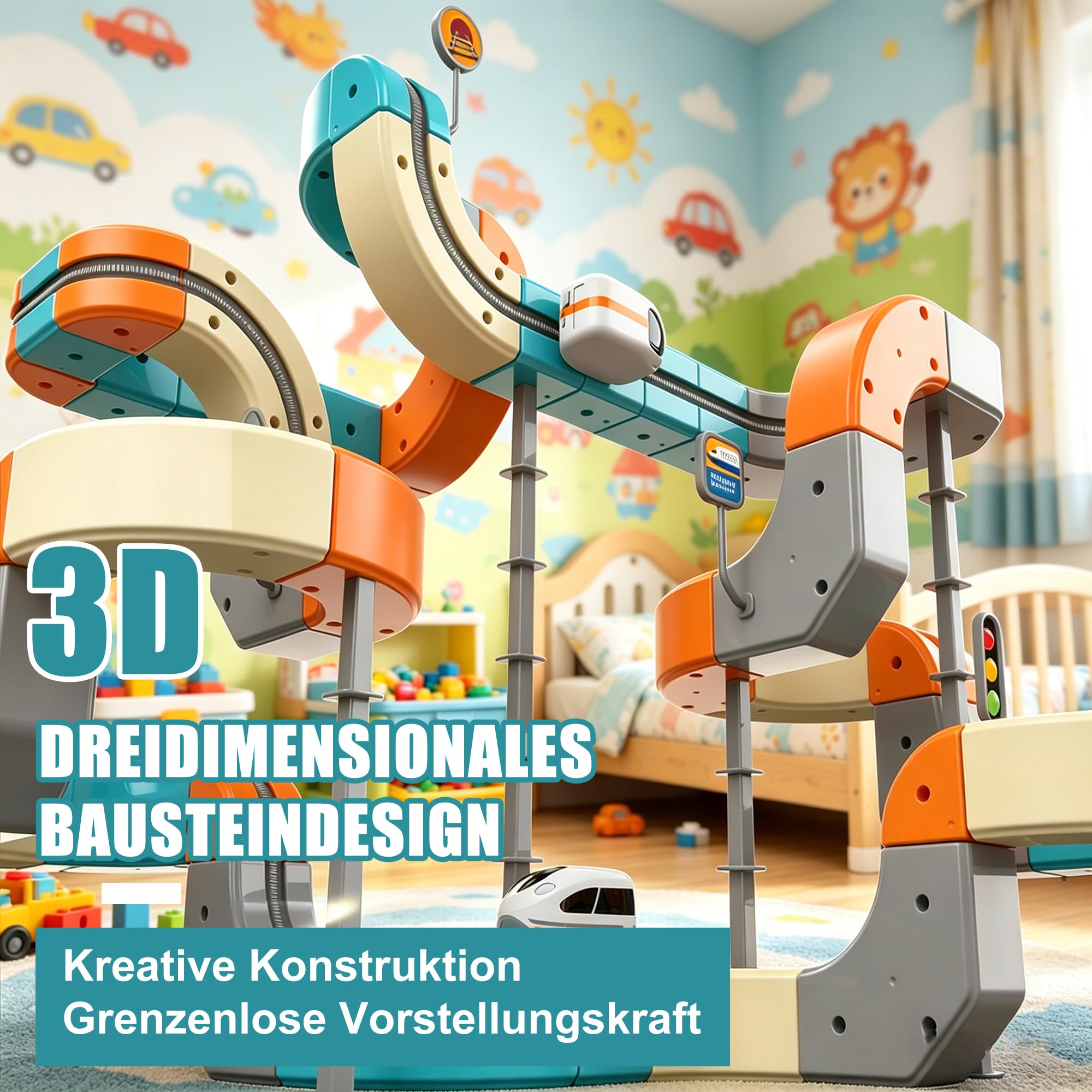 Elektrische 3D Eisenbahn Kinder Spielzeug – 66-teiliges DIY Schienensystem mit Motor Looping & Kugelbahn Effekt STEM Lernspielzeug, Kreatives BAU-Set